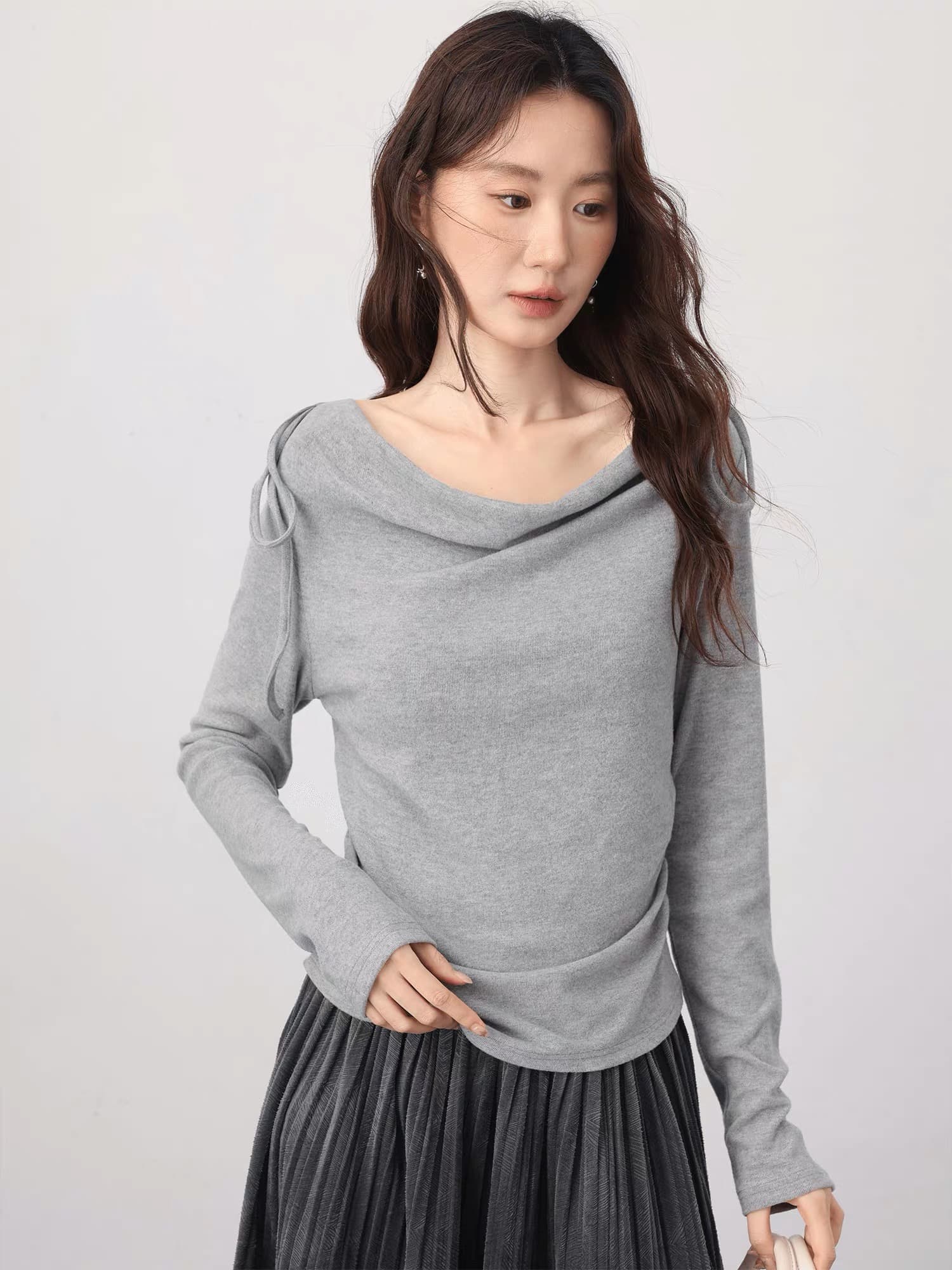 사랑 장미 빅 사이즈 긴팔 티셔츠 여성 긍정적 인 어깨 기본 셔츠 인사이드 가져 가라. 디자인 센스 지방 mm 봄 회색 흔들다 칼라 맨위 이미지 3
