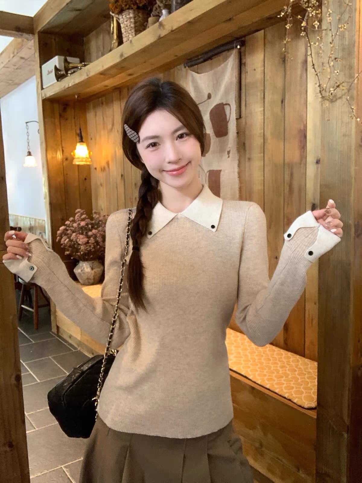 morning bloom 폴로 칼라 긴팔 니트 스웨터 여성 봄 가을 착용 가져 가라. 몸매 가꾸기 인사이드 가져 가라. 만나는 POLO 칼라 맨위 이미지 4