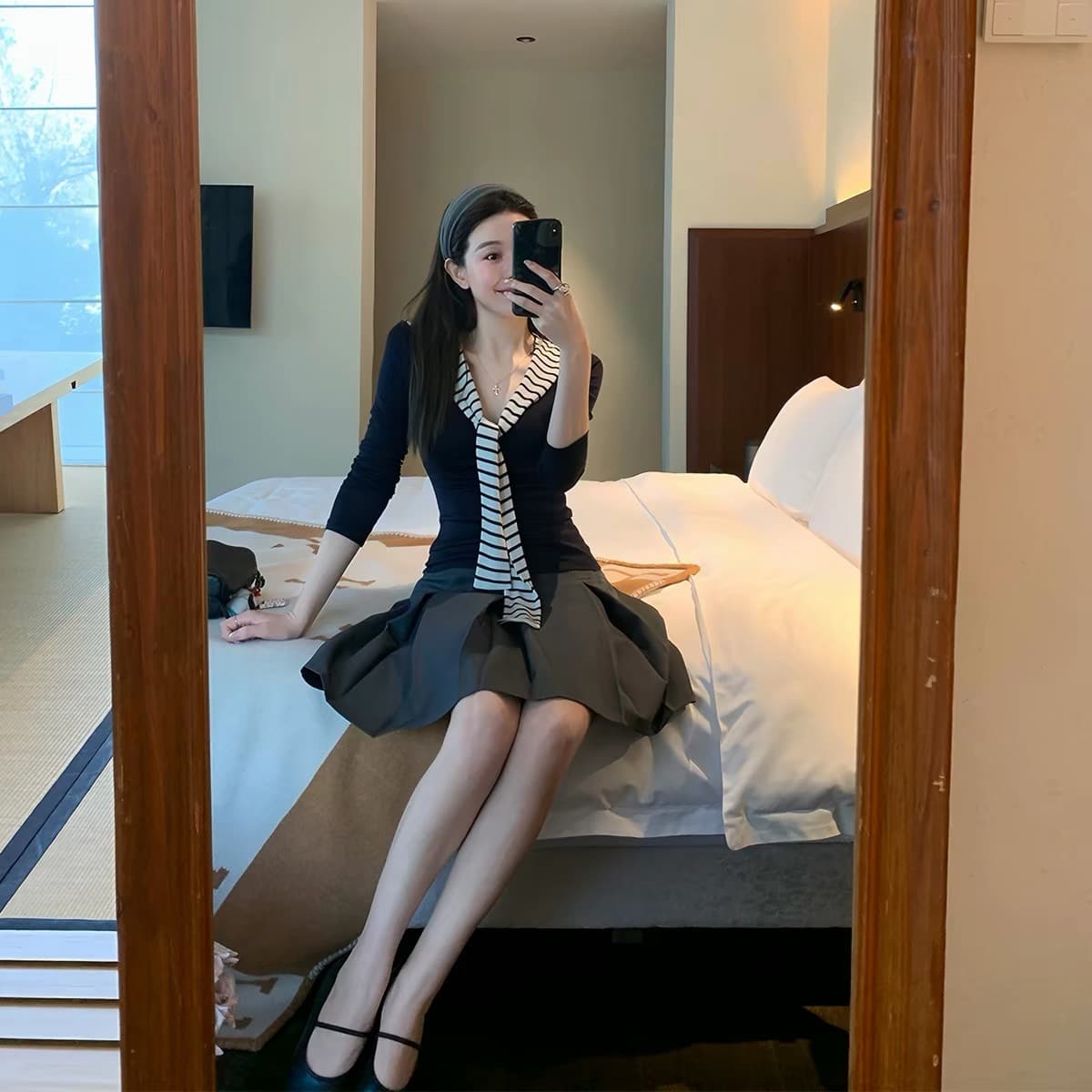 mukok 레트로 스트라이프 리본 해군 칼라 니트 스웨터 여성 긴 소매 봄 새로운 몸매 가꾸기 슬림해 보이는 만나는 작은 셔츠 이미지 5