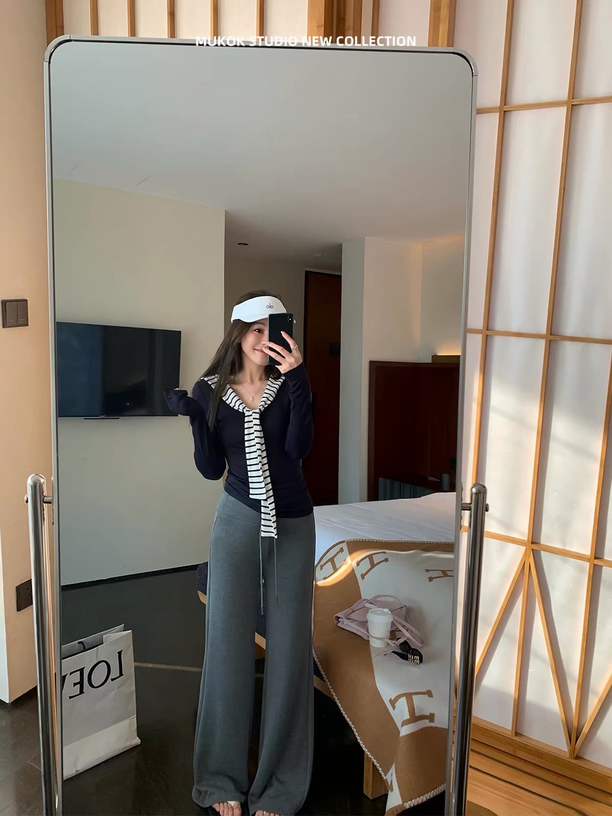 morning bloom 해군 칼라 긴팔 티셔츠 여성 이른 봄 배색 스트라이프 몸매 가꾸기 슬림해 보이는 만나는 인사이드 잡아라. 의류 상세 이미지 7