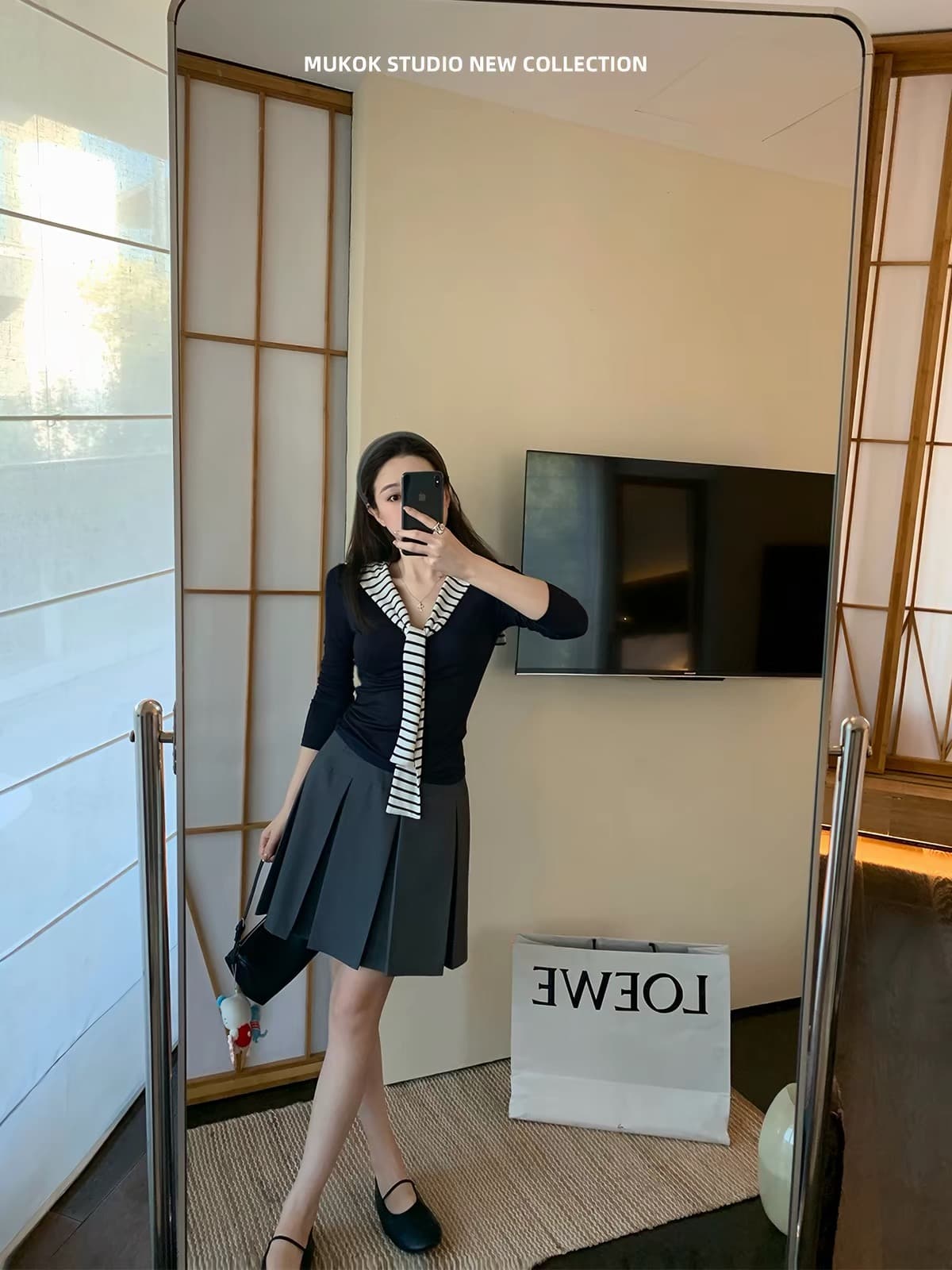 morning bloom 해군 칼라 긴팔 티셔츠 여성 이른 봄 배색 스트라이프 몸매 가꾸기 슬림해 보이는 만나는 인사이드 잡아라. 의류 상세 이미지 8
