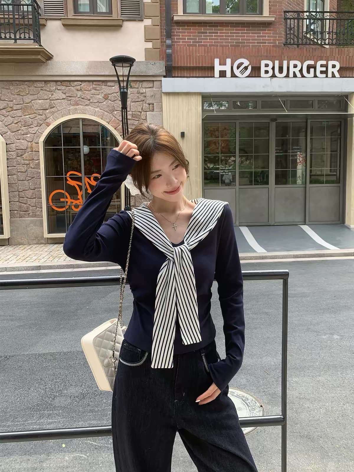 morning bloom 해군 칼라 긴팔 티셔츠 여성 이른 봄 배색 스트라이프 몸매 가꾸기 슬림해 보이는 만나는 인사이드 잡아라. 의류 이미지 3