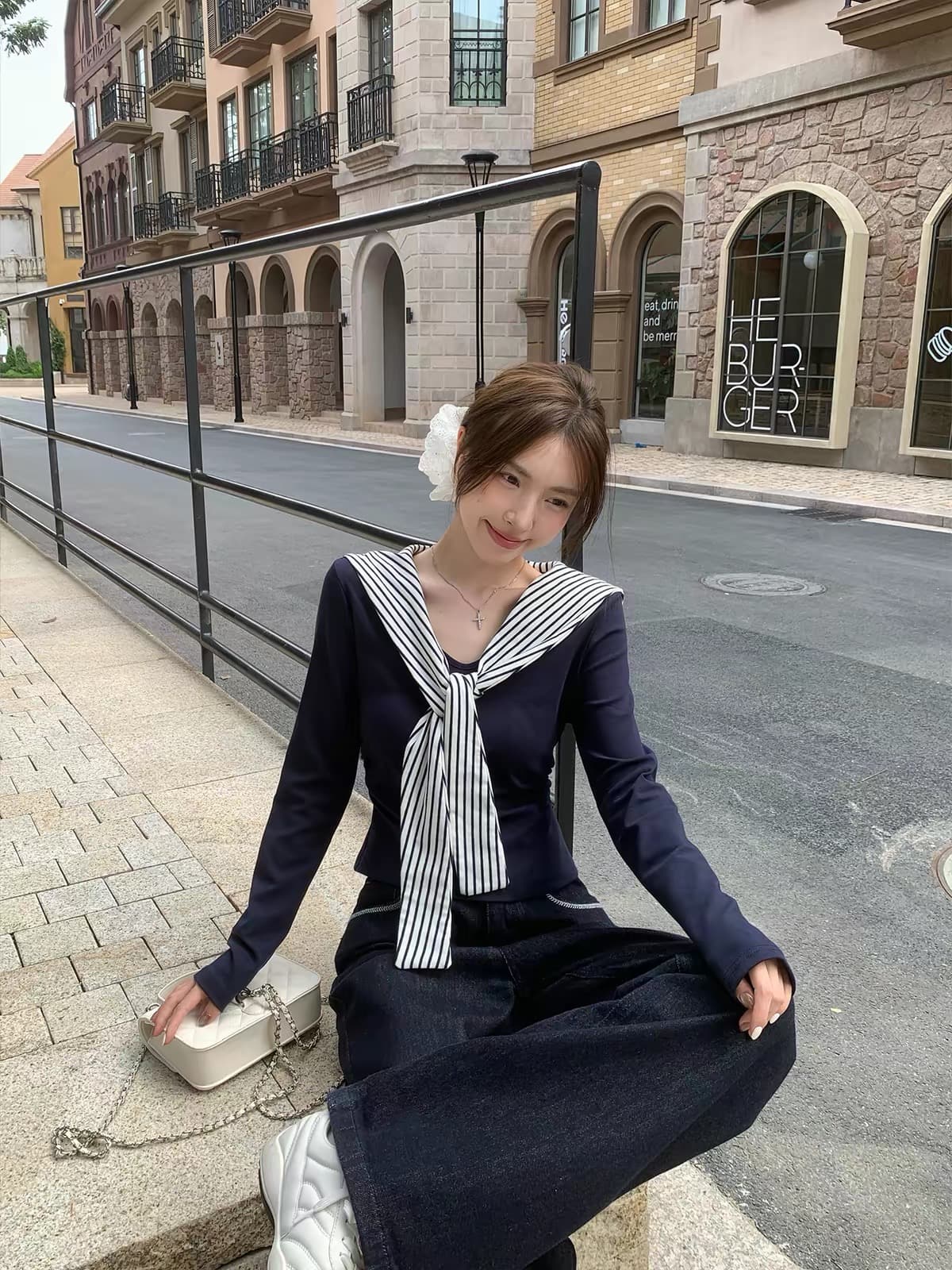 morning bloom 해군 칼라 긴팔 티셔츠 여성 이른 봄 배색 스트라이프 몸매 가꾸기 슬림해 보이는 만나는 인사이드 잡아라. 의류 이미지 4