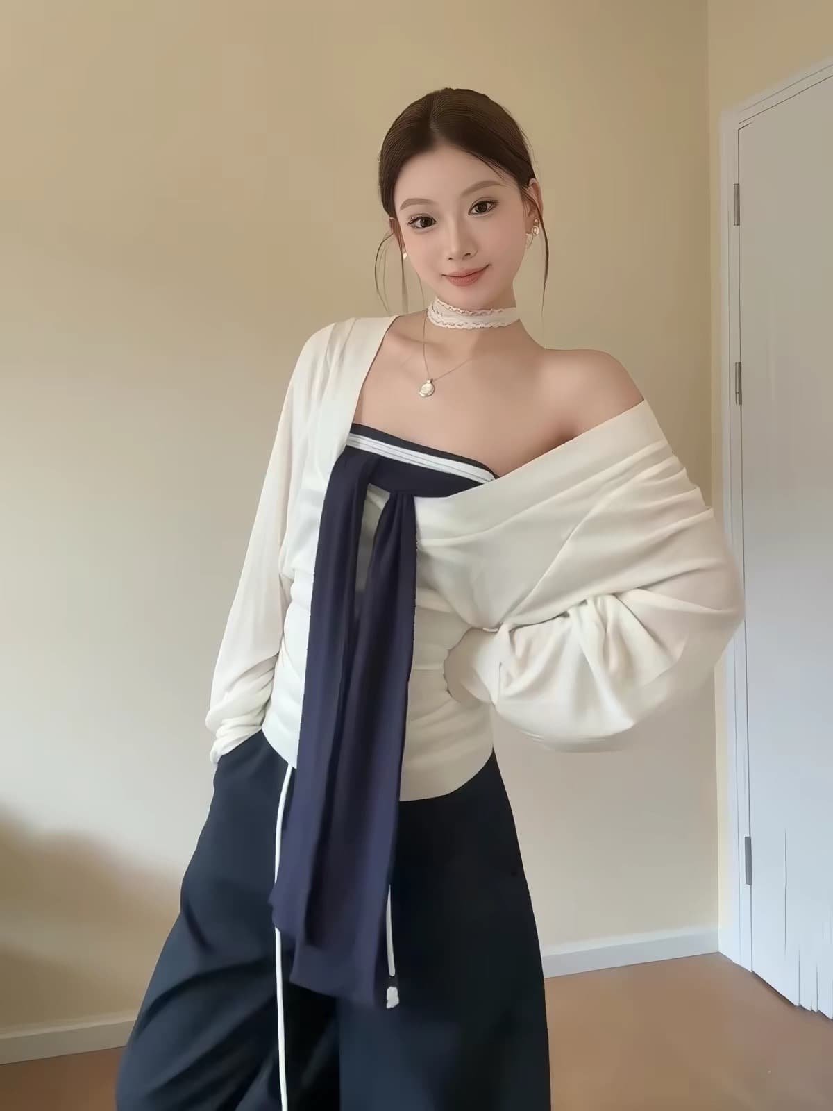 제인 법 스택 화이트 한 부서 스트라이프 튜브탑 조끼 여성 이른 가을 긴팔 자외선 차단 블라우스 슬림해 보이는 맨위 투피스 세트 이미지 3