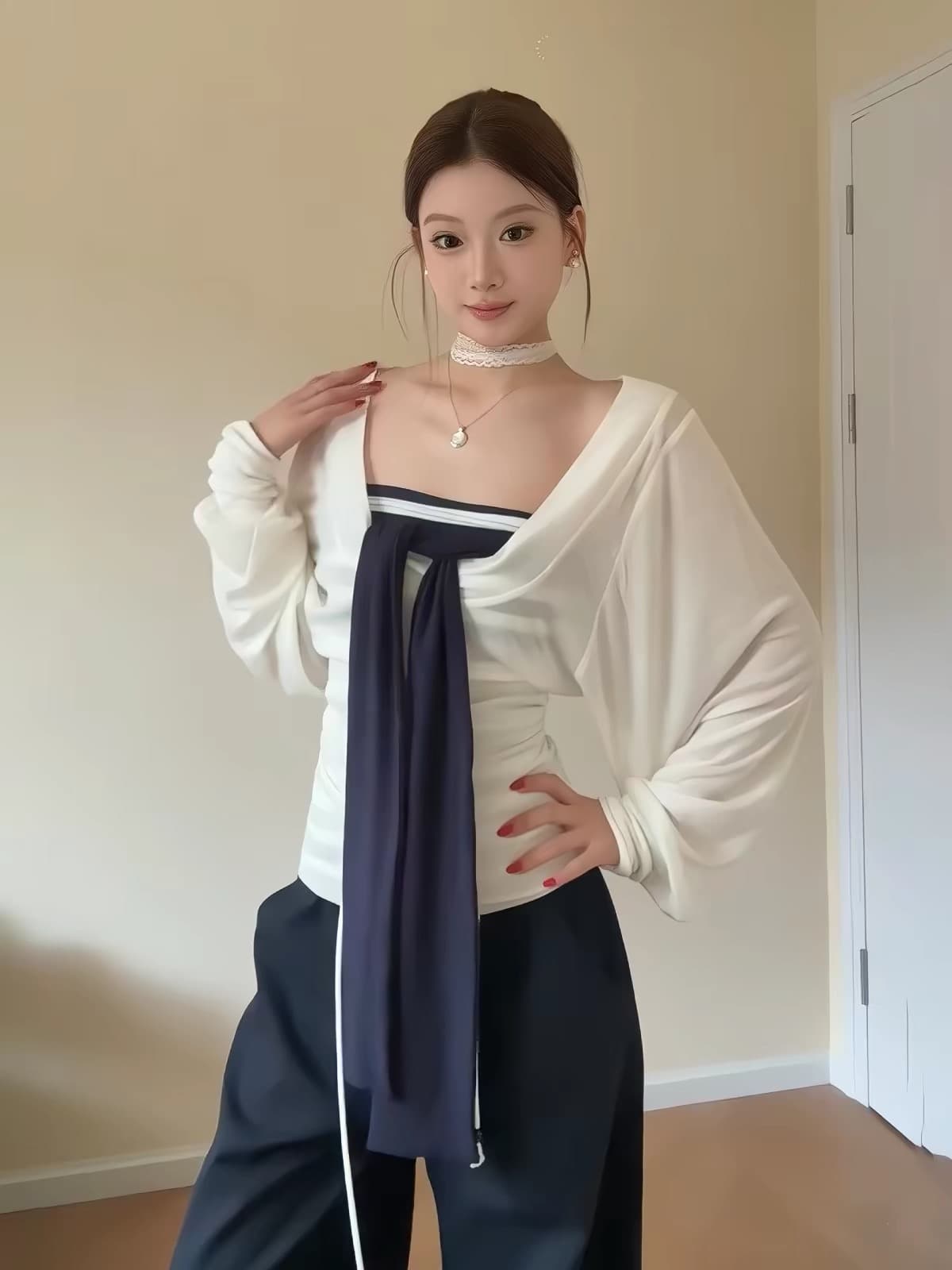 제인 법 스택 화이트 한 부서 스트라이프 튜브탑 조끼 여성 이른 가을 긴팔 자외선 차단 블라우스 슬림해 보이는 맨위 투피스 세트 상세 이미지 3