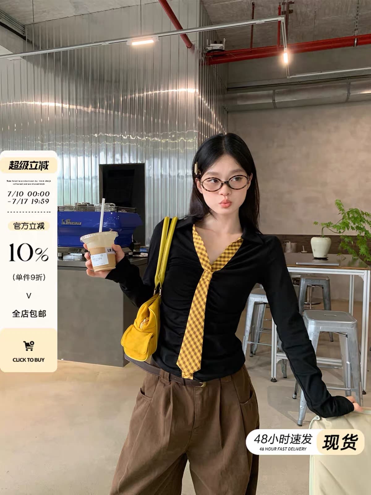 morning bloom 체크무늬 넥타이 자이언트 잘 생긴 긴팔 티셔츠 여성 이른 봄 한 부서 착용 가져 가라. 인사이드 가져 가라. 만나는 맨위 상세 이미지 1