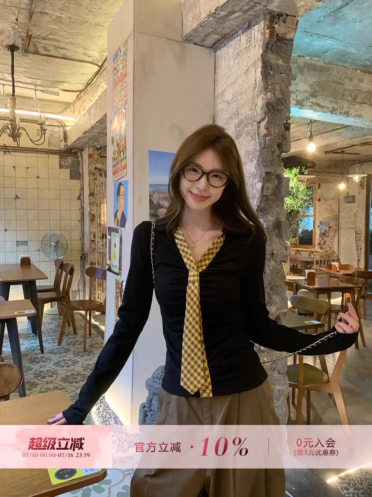 morning bloom 체크무늬 넥타이 자이언트 잘 생긴 긴팔 티셔츠 여성 이른 봄 한 부서 착용 가져 가라. 인사이드 가져 가라. 만나는 맨위 상세 이미지 6