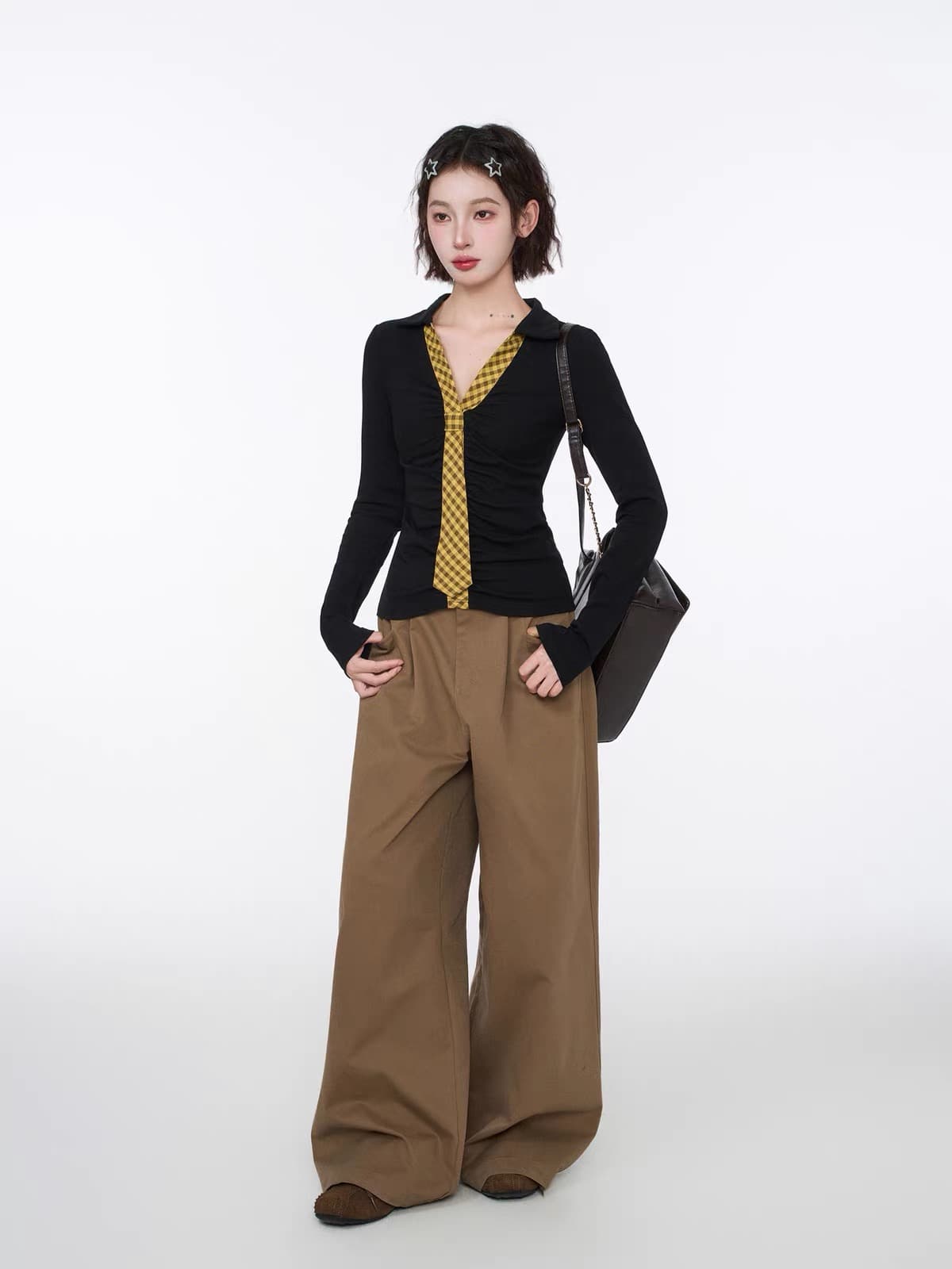 아메리칸 검정색 POLO 칼라 체크무늬 패치워크 티셔츠 여성 가을 몸매 가꾸기 쇼트 스타일 V넥 인사이드 가져 가라. 기본 셔츠 긴팔 맨위 이미지 4
