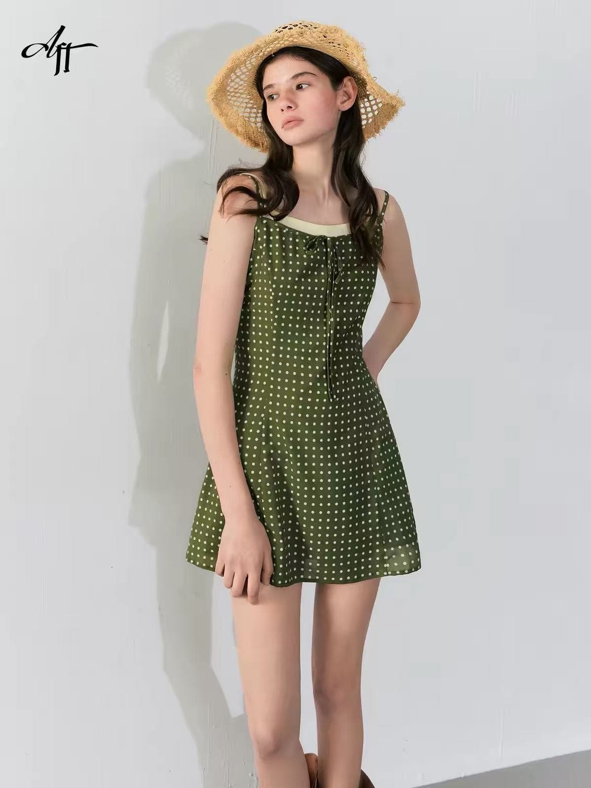afffreedom 질감 프로 피부 레트로 올리브 그린 도트 무늬 슬립 배색 허리 수축 한 마디 휴가 바람 드레스 상세 이미지 1