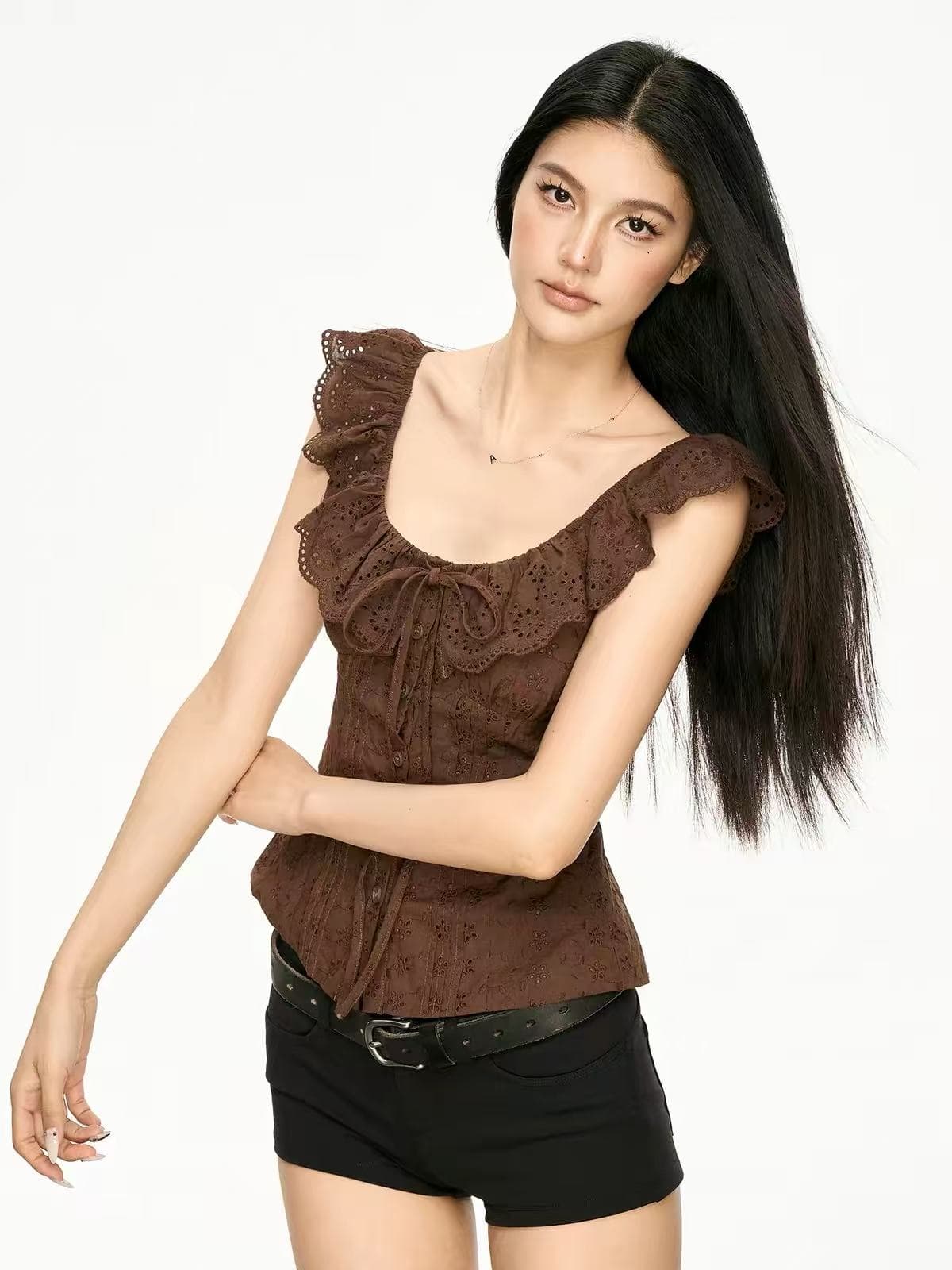 aaisup 아메리칸 레트로 프릴 셔츠 레이스업 티셔츠 여성 여름 홀로우 아웃 레이스 몸매 가꾸기 허리 수축 짧은 맨위 이미지 4