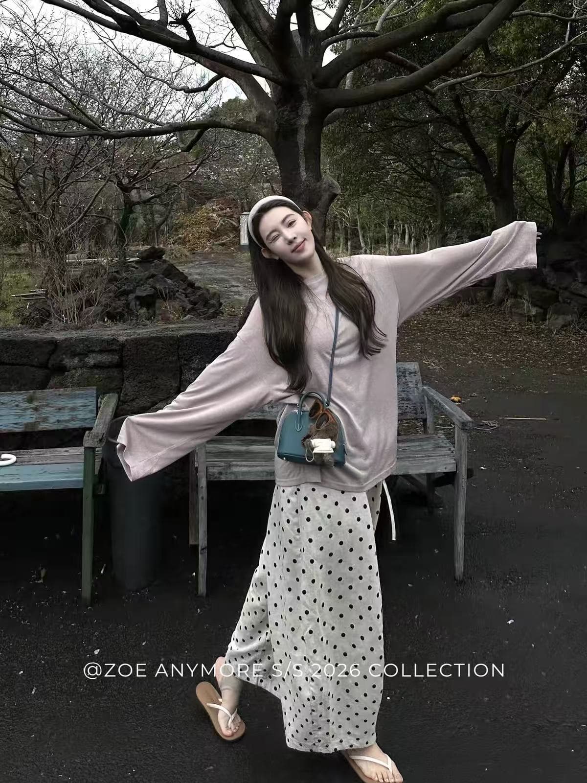 zoe anymore 느슨함 센스 게으른 바지 도트 무늬 바지 꽃밭 바지 허리밴드 와이드 레그 팬츠 한 부서 캐주얼 바지 여성 이미지 3
