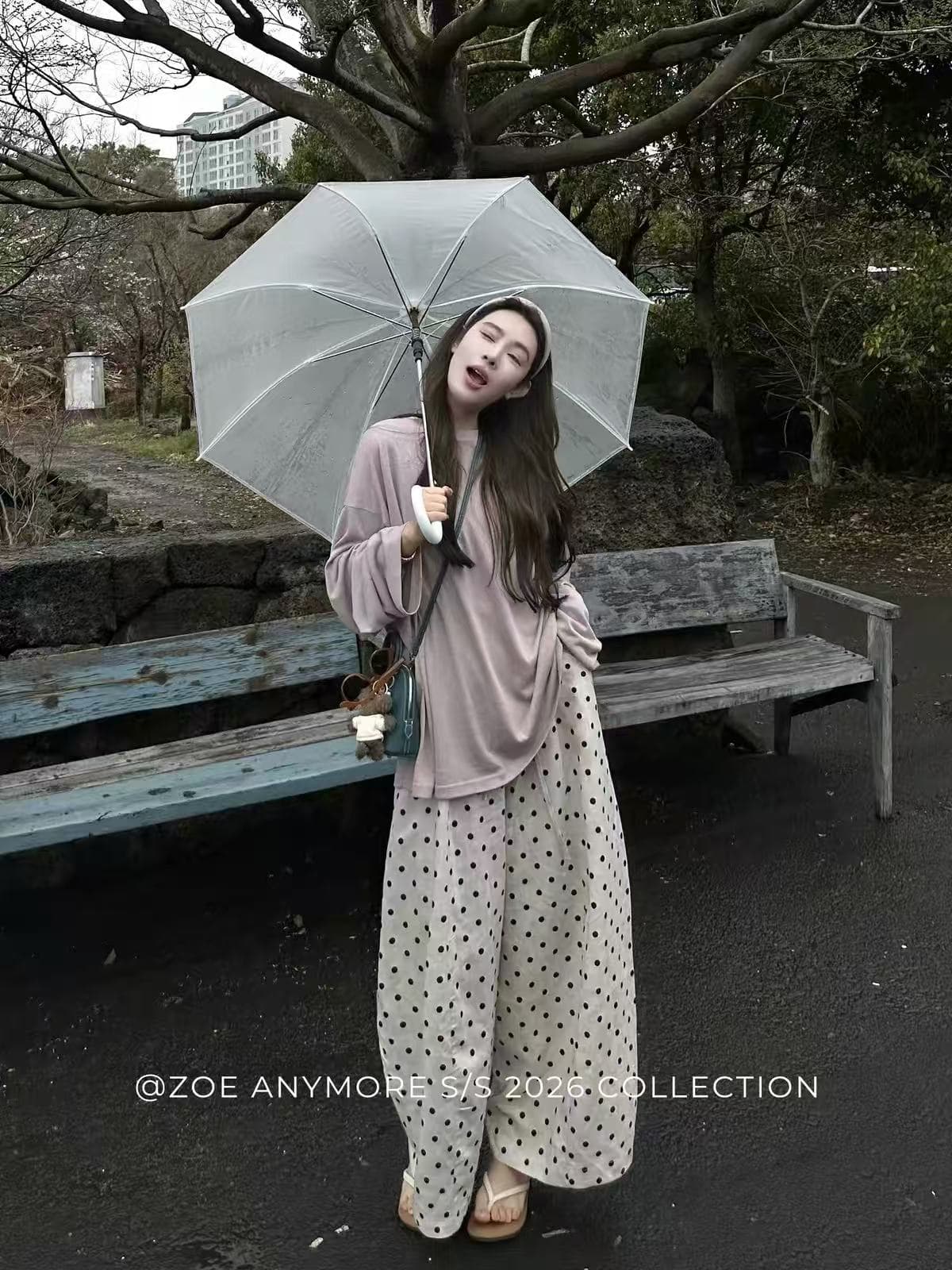 zoe anymore 느슨함 센스 게으른 바지 도트 무늬 바지 꽃밭 바지 허리밴드 와이드 레그 팬츠 한 부서 캐주얼 바지 여성 이미지 4