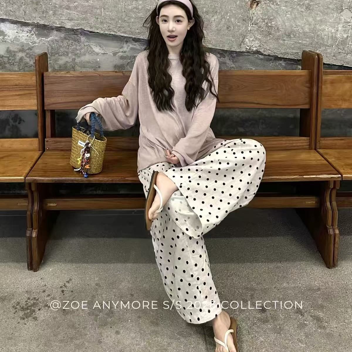 zoe anymore 느슨함 센스 게으른 바지 도트 무늬 바지 꽃밭 바지 허리밴드 와이드 레그 팬츠 한 부서 캐주얼 바지 여성 이미지 5