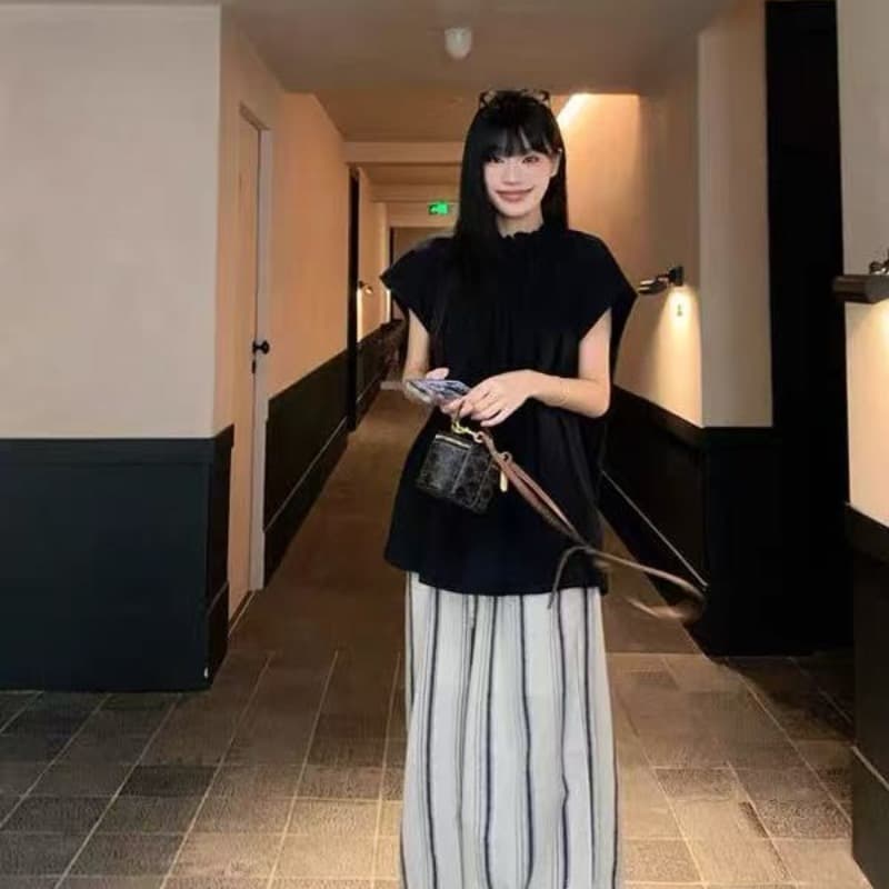 한 부서 새로운 느긋한 바람 세트 검정색 반팔 여성 셔츠 여름 스트라이프 슬림해 보이는 다용도 이미지 5