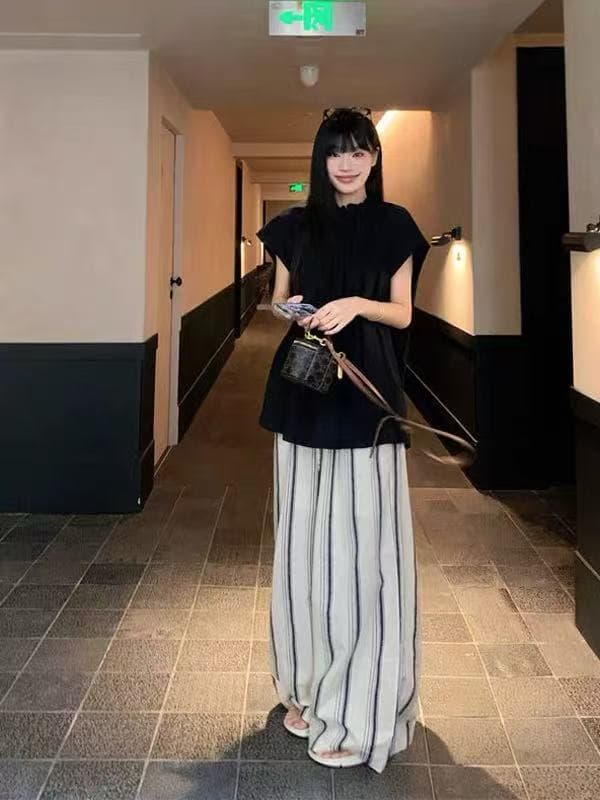 한 부서 새로운 느긋한 바람 세트 검정색 반팔 여성 셔츠 여름 스트라이프 슬림해 보이는 다용도 상세 이미지 1