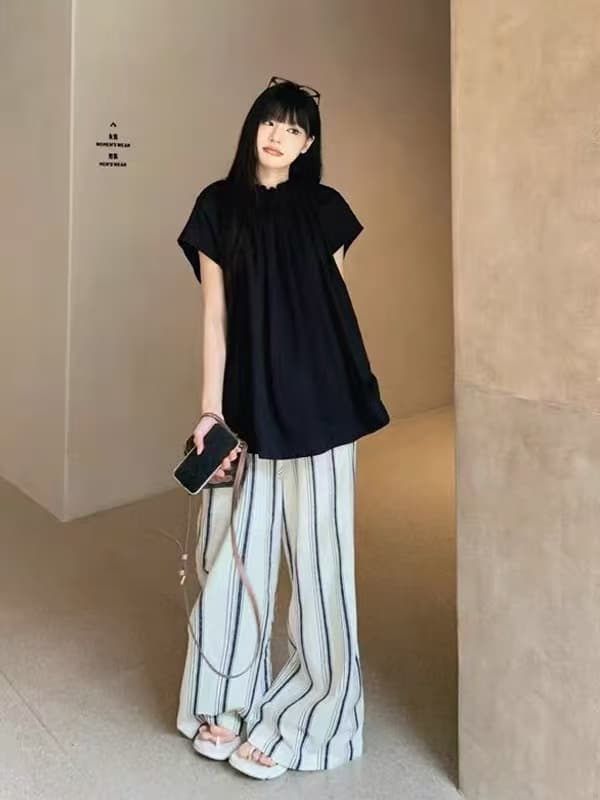 한 부서 새로운 느긋한 바람 세트 검정색 반팔 여성 셔츠 여름 스트라이프 슬림해 보이는 다용도 상세 이미지 5