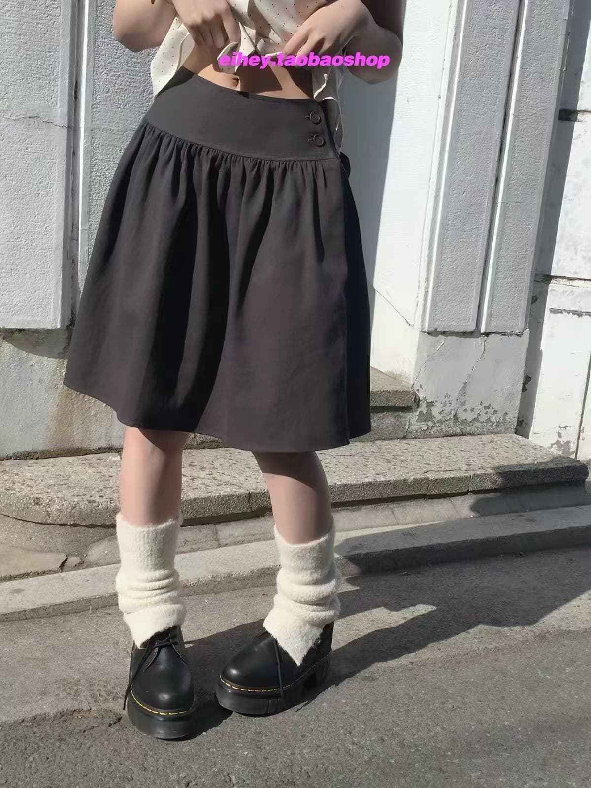 eihey 어 이봐 26 봄 새로운 한 부서 레트로 빛 아시아 인 바람 꽃밭 주름 퍼프 중간 길이 스커트 반신 스커트 여성