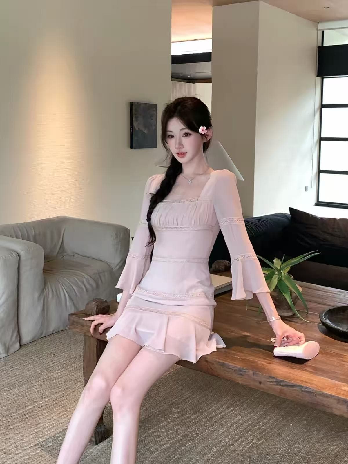 solo 폭발 폭발 인간 보여주기 구슬 핑크색 나팔 소매 드레스 프랑스식 연꽃 잎 소매 7부 소매 여름 쉬폰 스커트 이미지 4