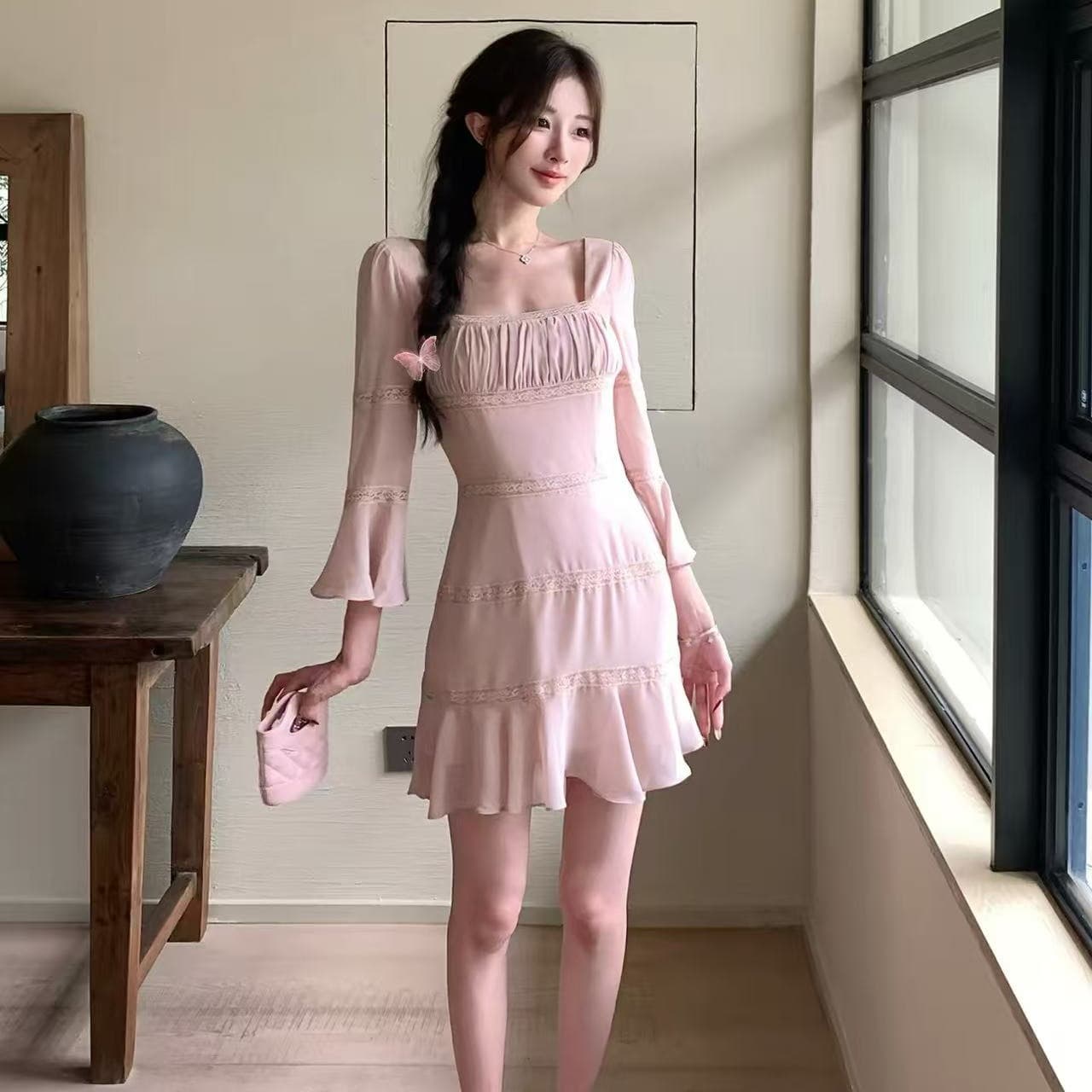 solo 폭발 폭발 인간 보여주기 구슬 핑크색 나팔 소매 드레스 프랑스식 연꽃 잎 소매 7부 소매 여름 쉬폰 스커트 이미지 5