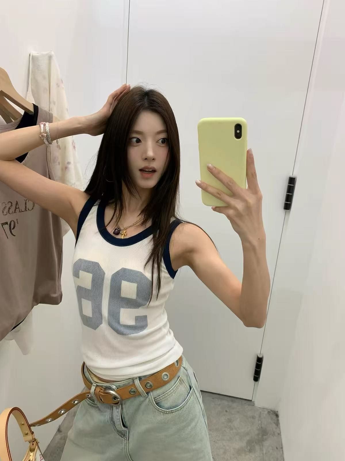 밤나무 코코아 bankelili 세련된 맨해튼 배색 라운드 넥 숫자 프린트 허리 수축 조끼 여성 이미지 2