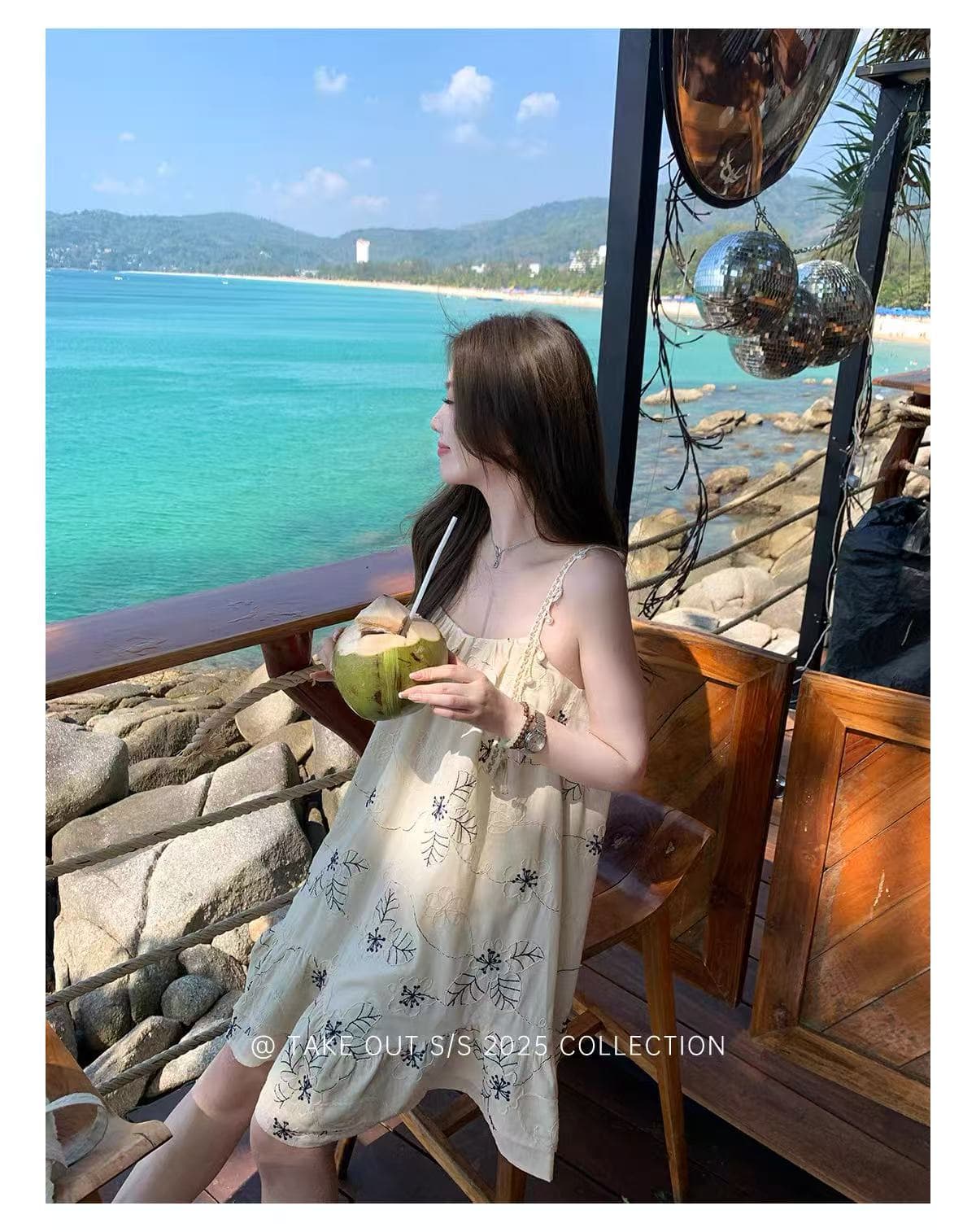 코코넛 나무 숲 해풍 무거운 작업 자카드 슬립 드레스 해변가 휴가 롱 스커트 품격 상세 이미지 3