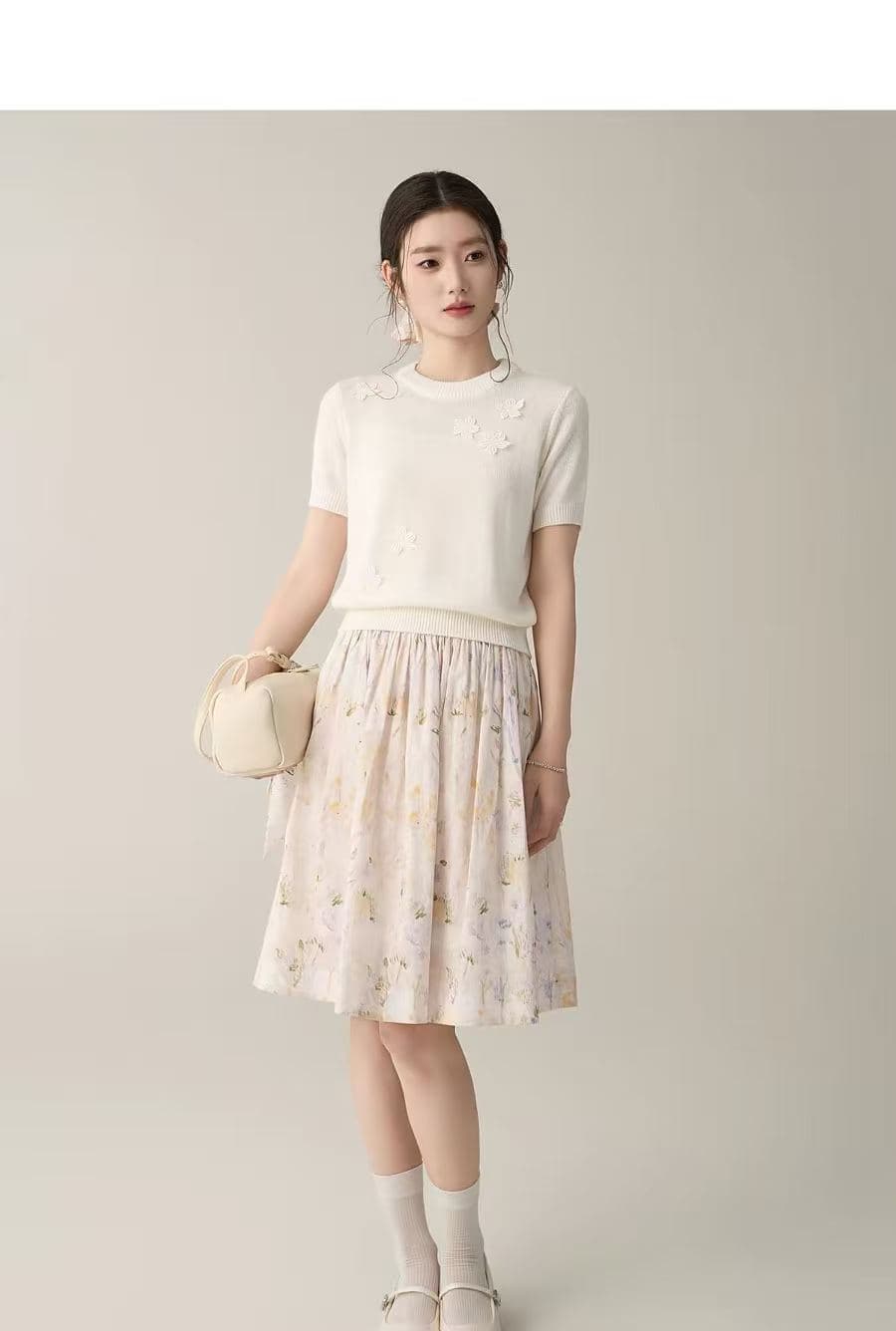 limoonli 부드러운 바람 핑크색 반신 스커트 품격 수채화 물감 꽃무늬 A라인 스커트 주름 중간 스커트 작은 여름 이미지 2