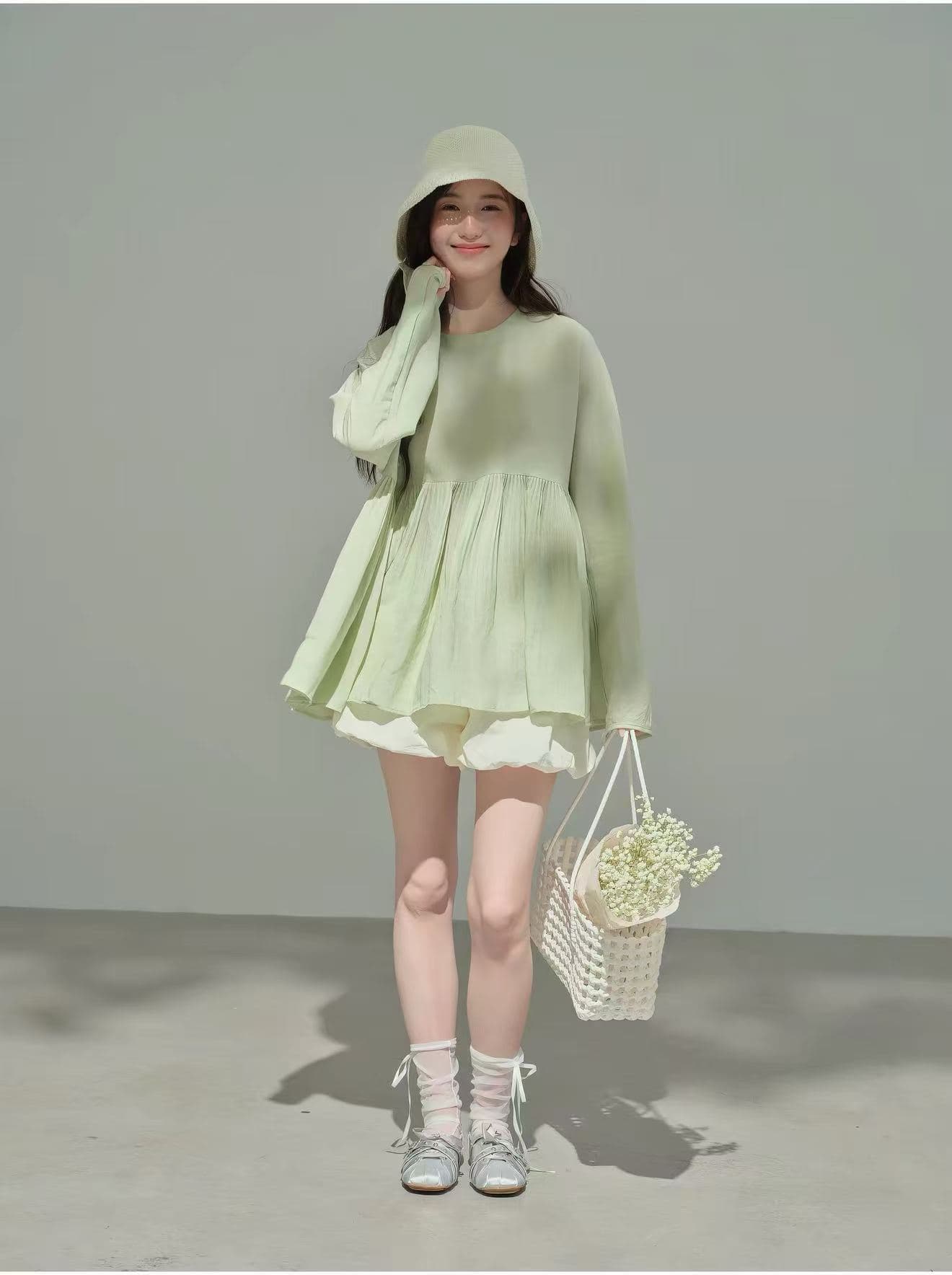 soloki 한 부서 신선함 녹색 초록 초록 귀여운 달콤함 무거운 작업 플리츠 대 치마 연령 감소 라미 인형 셔츠 상세 이미지 2