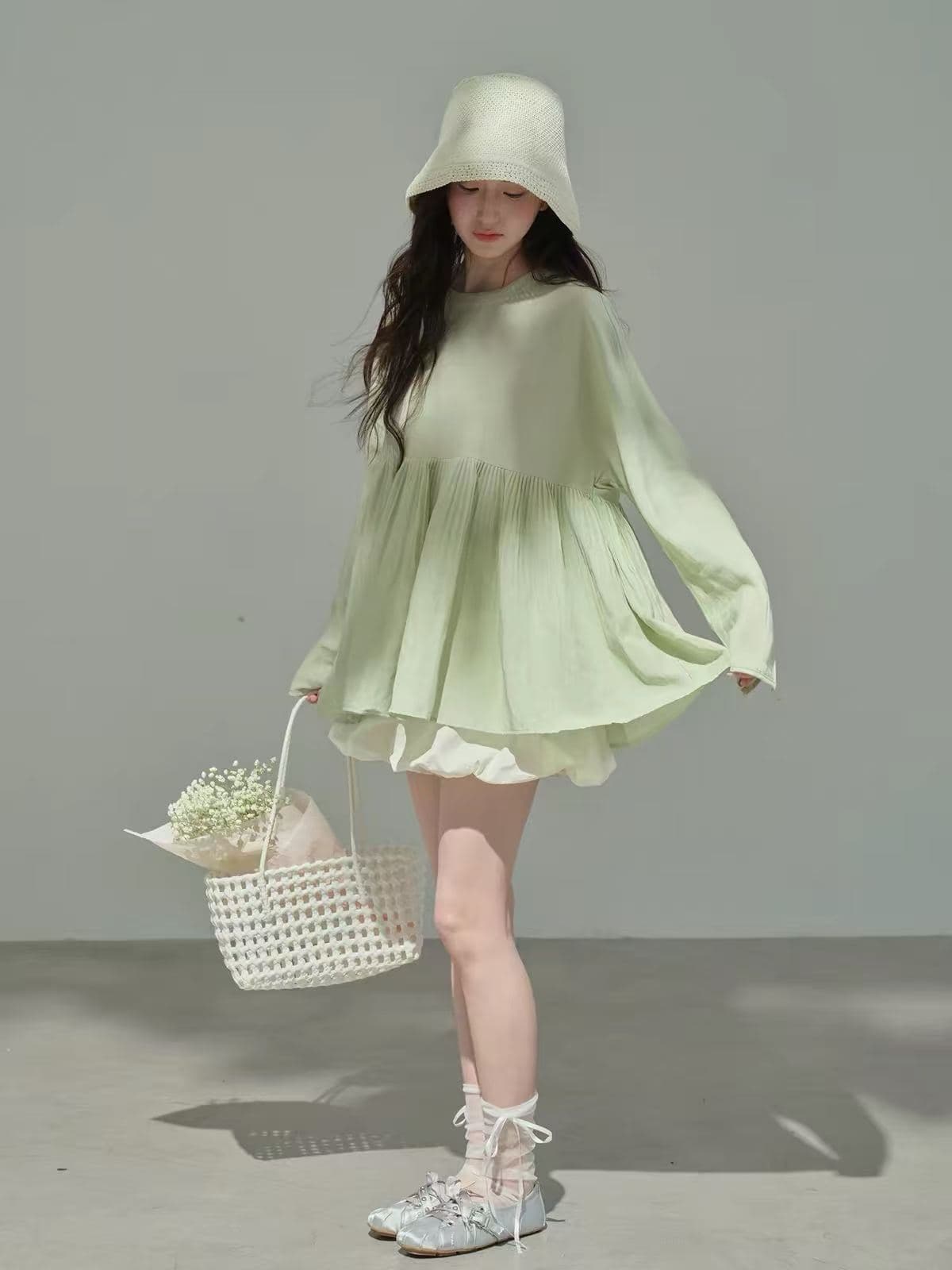 soloki 한 부서 신선함 녹색 초록 초록 귀여운 달콤함 무거운 작업 플리츠 대 치마 연령 감소 라미 인형 셔츠 상세 이미지 3