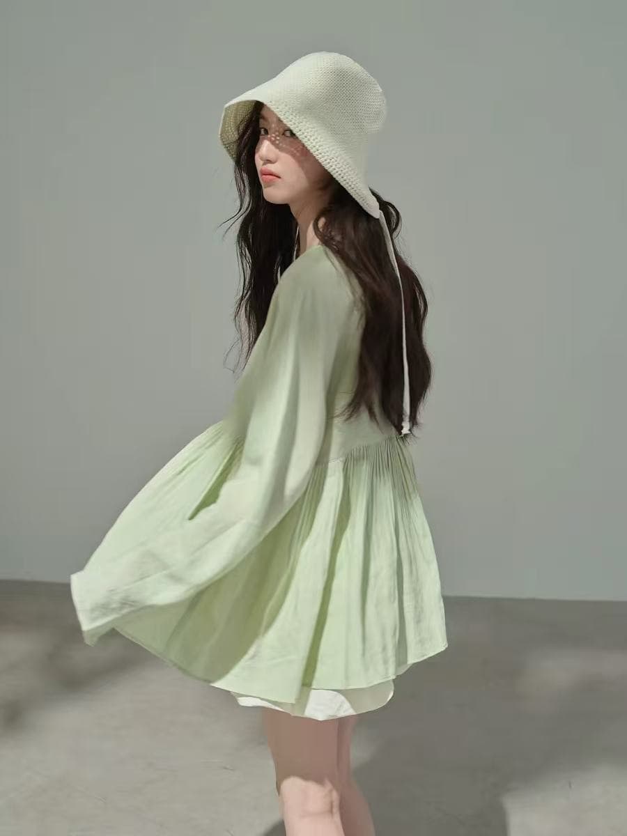 soloki 한 부서 신선함 녹색 초록 초록 귀여운 달콤함 무거운 작업 플리츠 대 치마 연령 감소 라미 인형 셔츠 상세 이미지 5