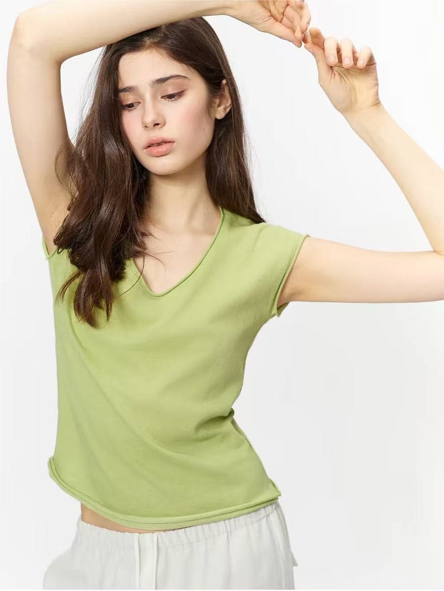 cookabide 대나무 마디 면 마이크로 루즈핏 V넥 볼륨 측면 반팔 티셔츠 이미지 4