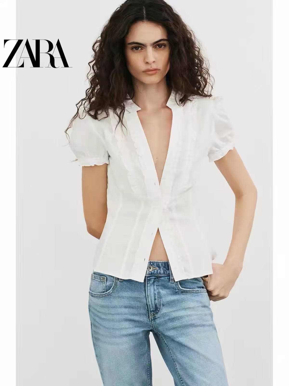 zr 할인 계절 trf 여성 의류 거품 소매 스택 층 장식 포플린 셔츠 상세 이미지 2