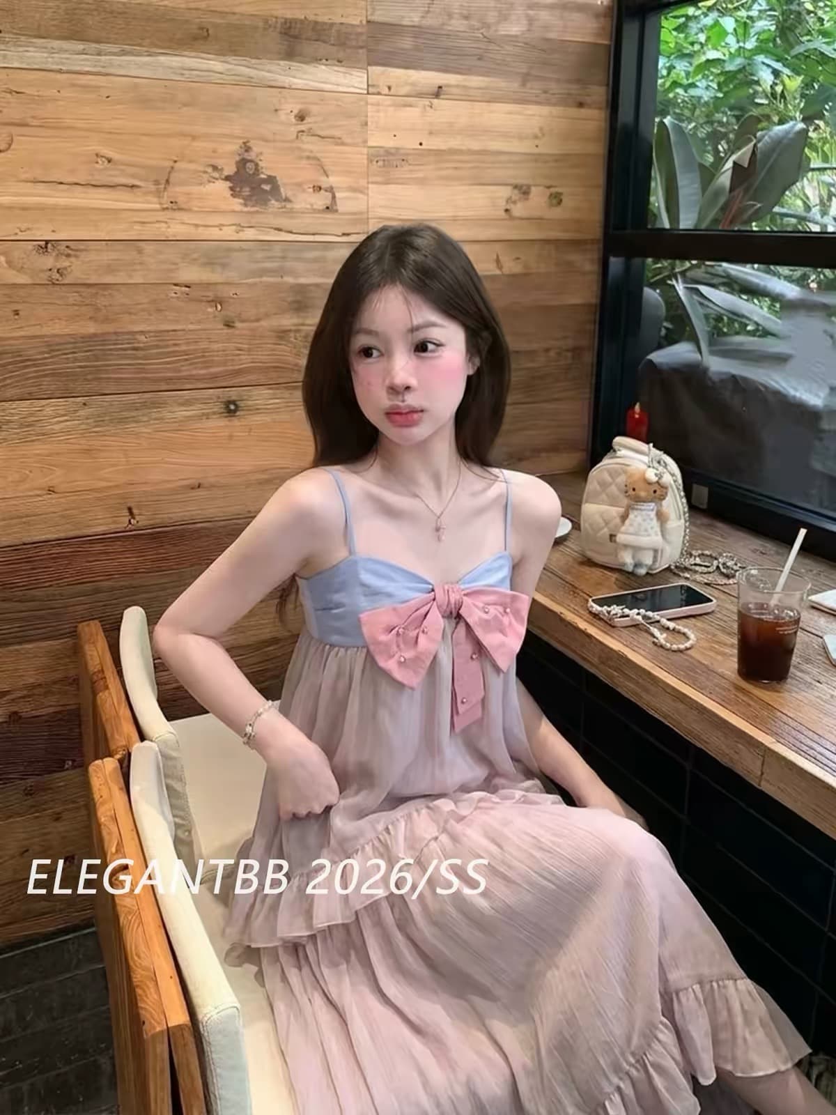 elegantbb 26ss 프랑스식 달콤함 나비 매듭 슬립 여성 드레스 여름 아름다운 요정 케이크 롱 스커트 상세 이미지 6