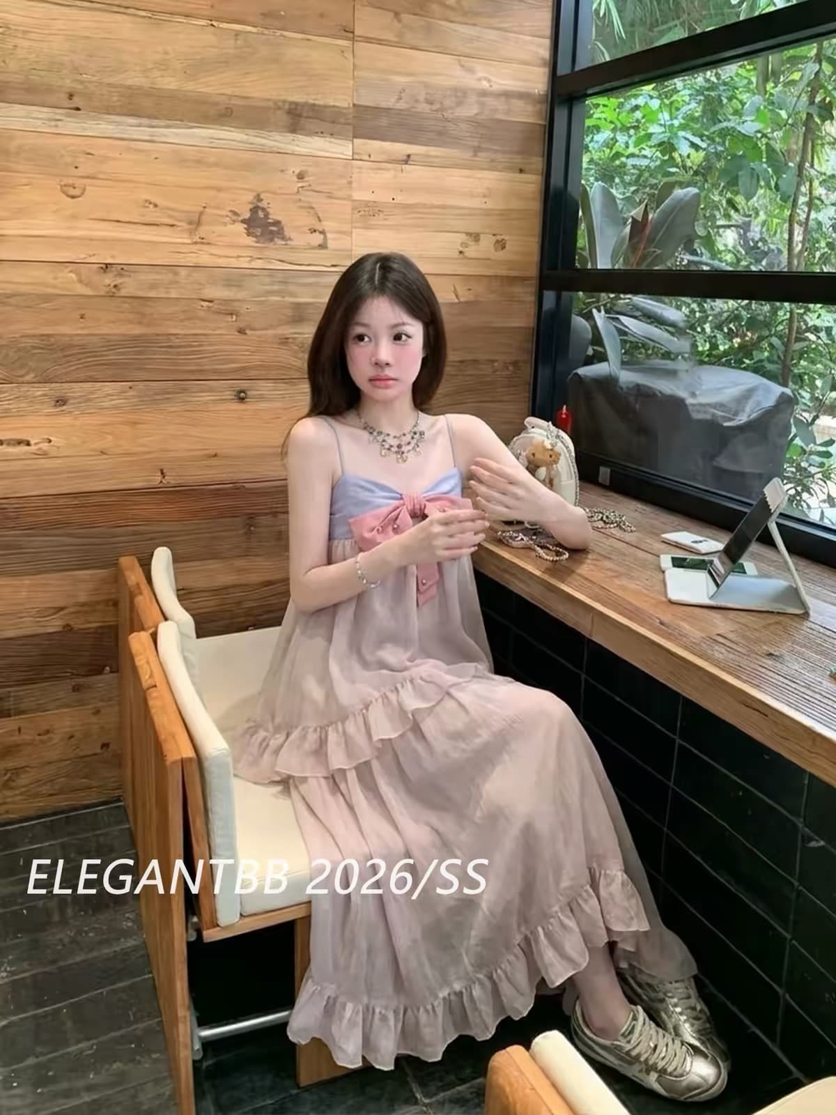 elegantbb 26ss 프랑스식 달콤함 나비 매듭 슬립 여성 드레스 여름 아름다운 요정 케이크 롱 스커트 상세 이미지 7