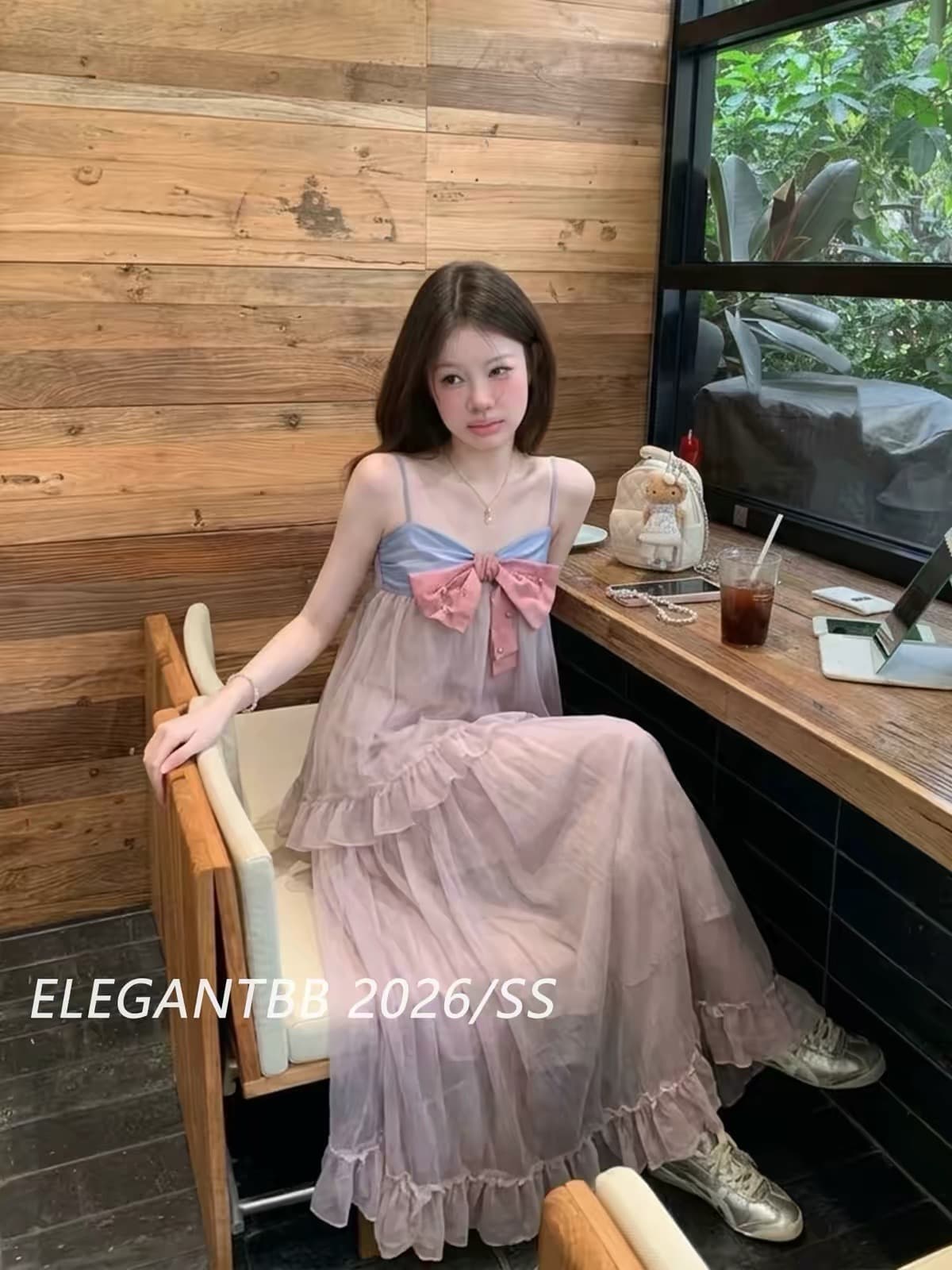 elegantbb 26ss 프랑스식 달콤함 나비 매듭 슬립 여성 드레스 여름 아름다운 요정 케이크 롱 스커트 상세 이미지 8
