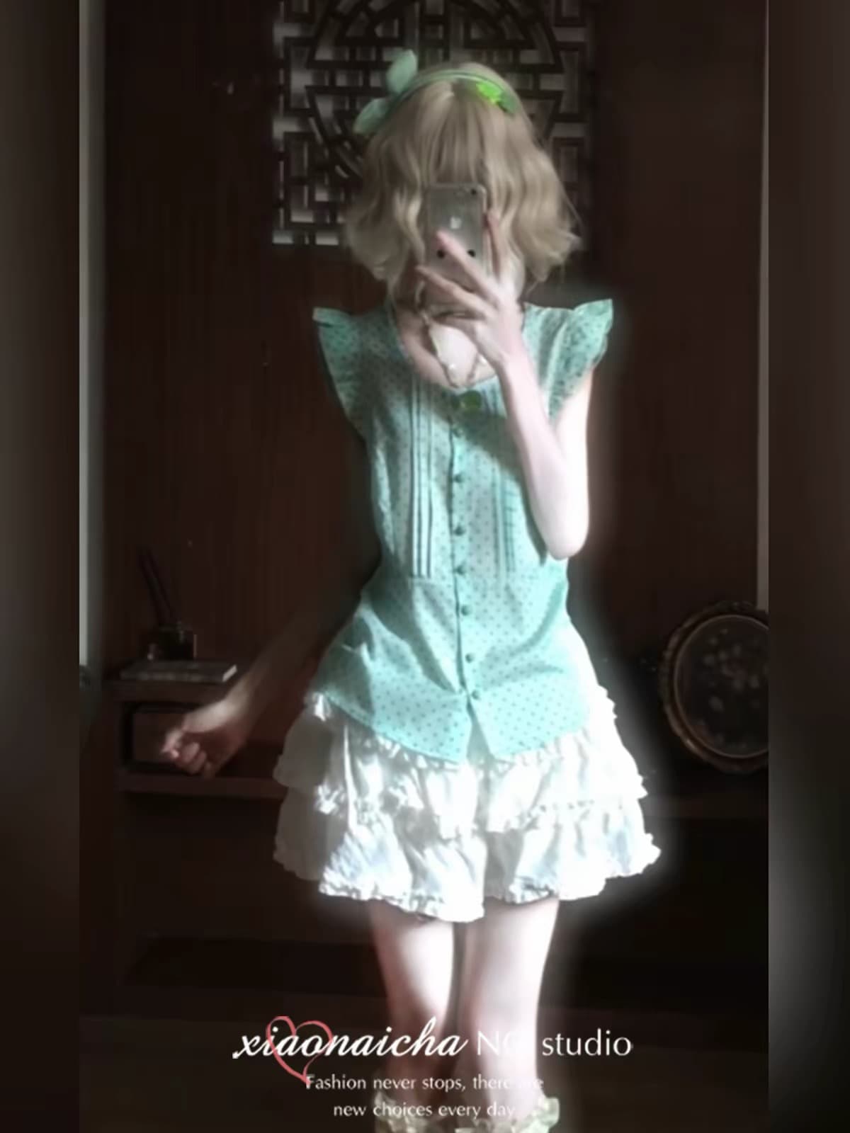 샤오 저우 급우 일본식 하우스 멩 신선함 학원 스타일 녹색 도트 무늬 Feifei 소매 셔츠 여름 새로운 자이언트 잘 생긴