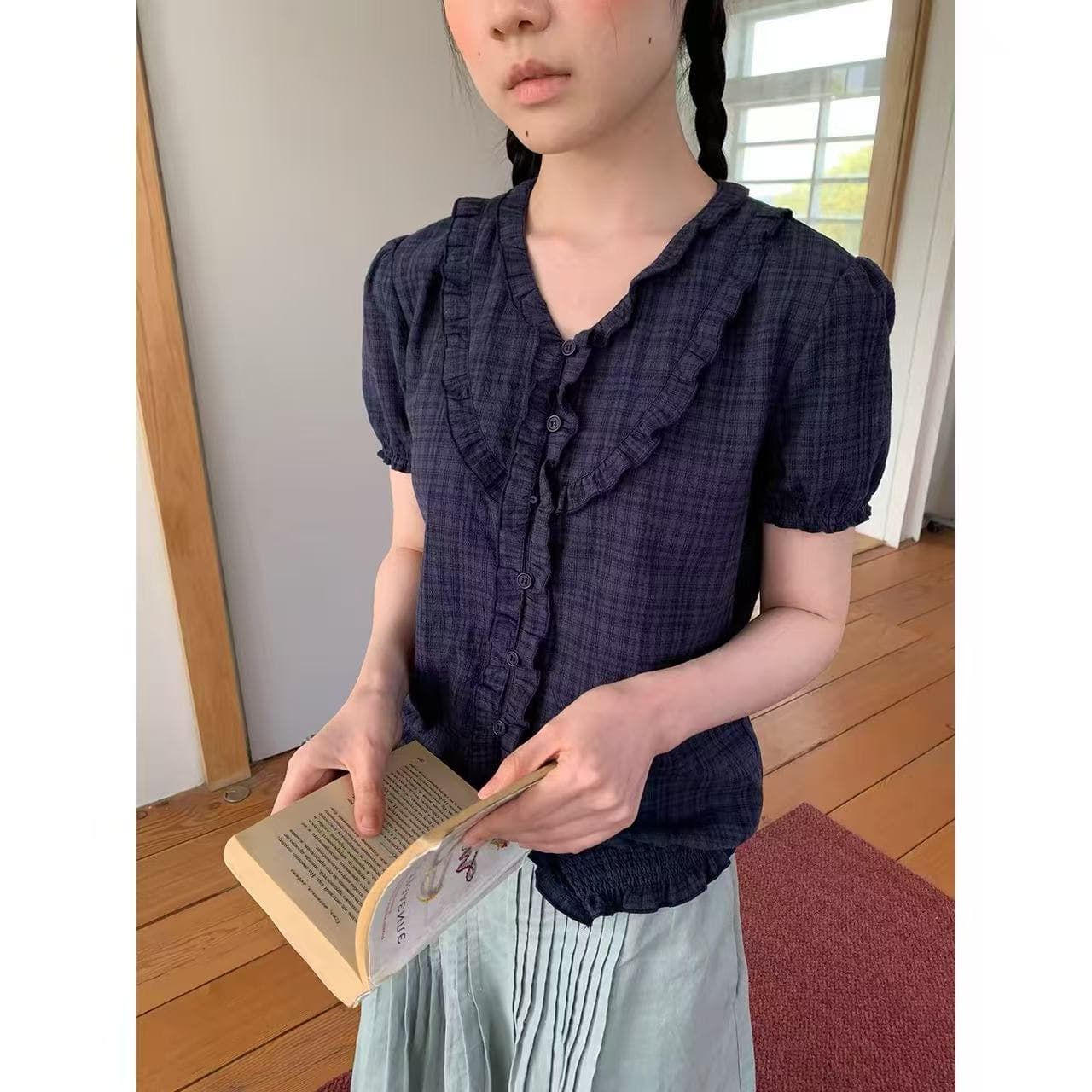 영자 oni 레트로 디자인 센스 작은 대중 프릴 반팔 여성 셔츠 일본식 거품 소매 체크무늬 작은 셔츠 맨위