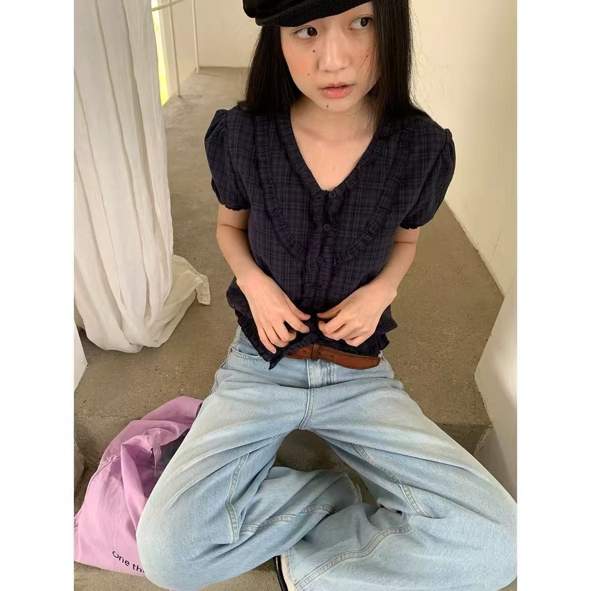 영자 oni 레트로 디자인 센스 작은 대중 프릴 반팔 여성 셔츠 일본식 거품 소매 체크무늬 작은 셔츠 맨위 이미지 2