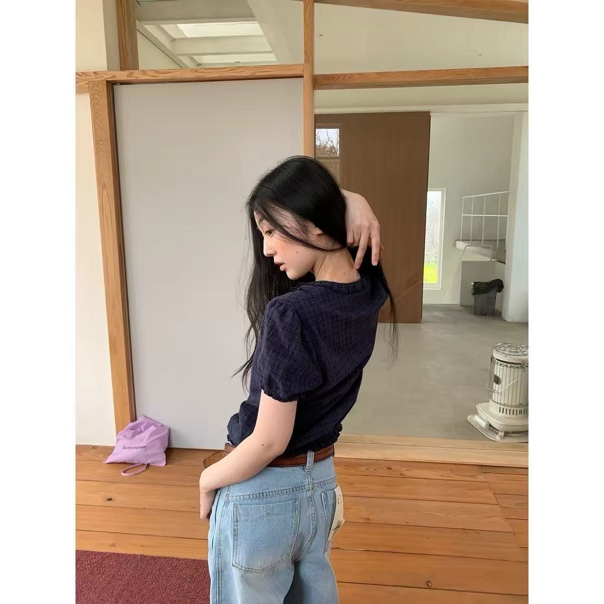 영자 oni 레트로 디자인 센스 작은 대중 프릴 반팔 여성 셔츠 일본식 거품 소매 체크무늬 작은 셔츠 맨위 이미지 5