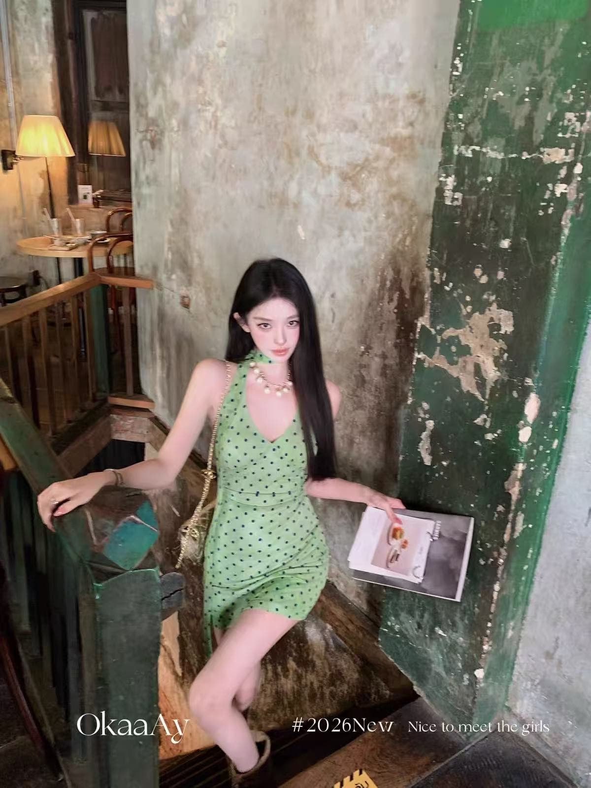 okaaay 에덴 여행 녹색 도트 무늬 행침 목 여성 드레스 여름 섹시함 순수한 욕망 핫걸 치마 이미지 2