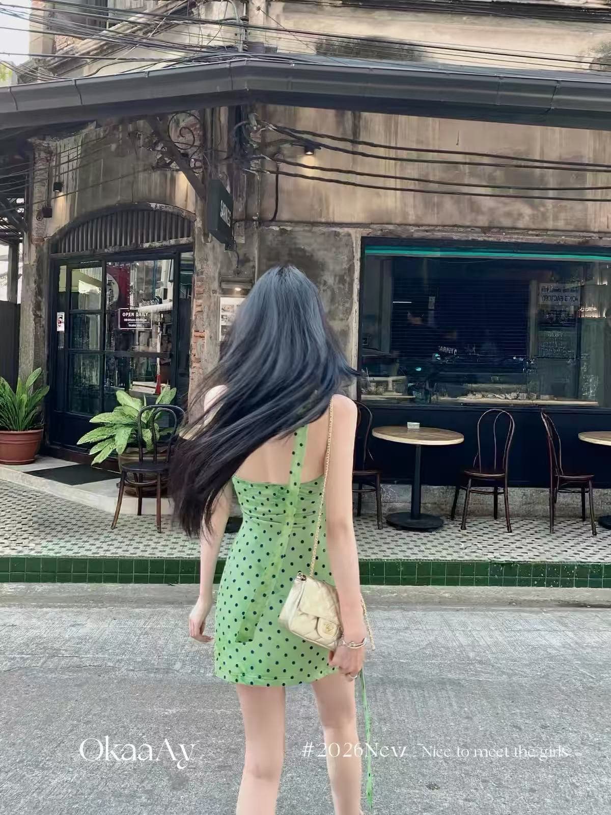 okaaay 에덴 여행 녹색 도트 무늬 행침 목 여성 드레스 여름 섹시함 순수한 욕망 핫걸 치마 이미지 4
