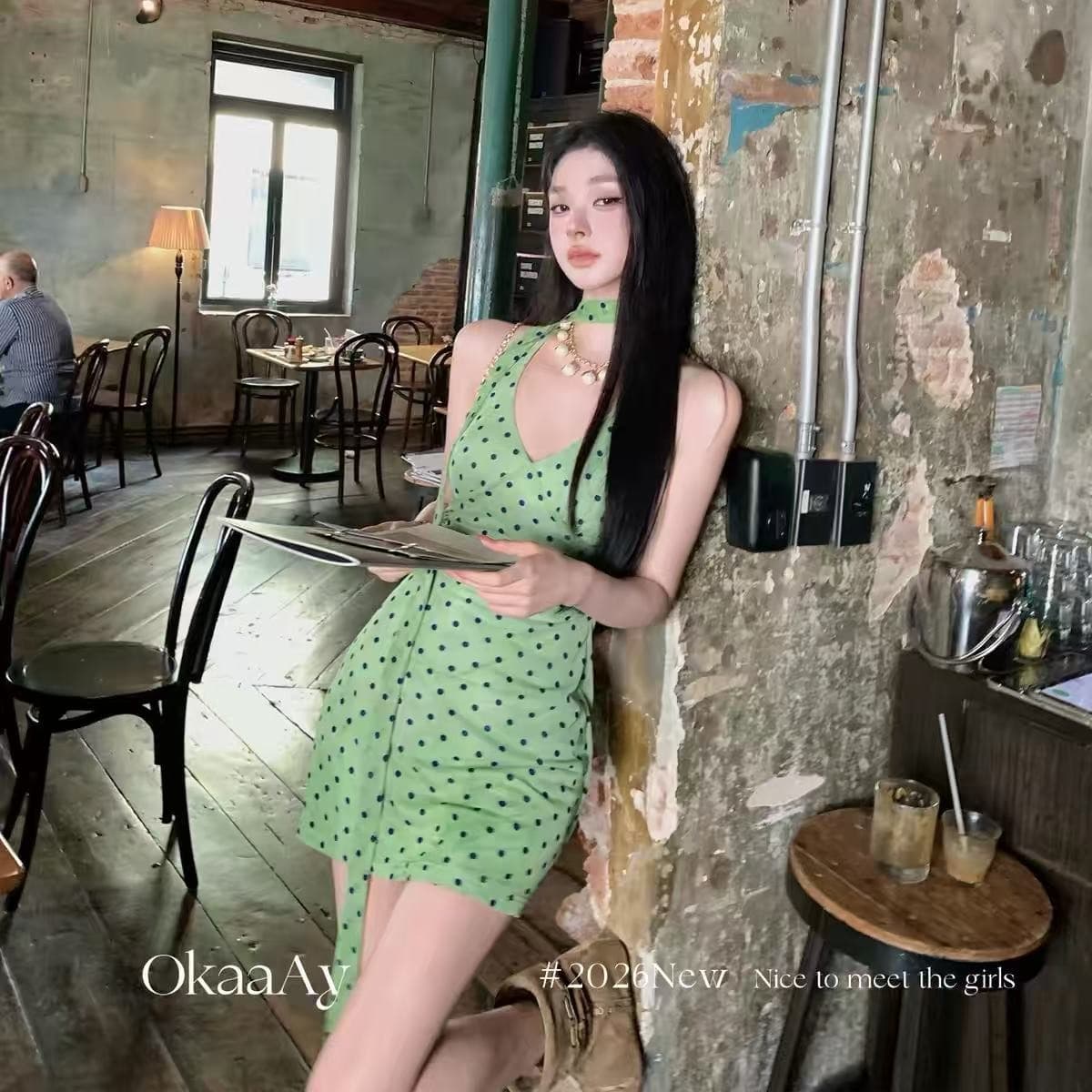 okaaay 에덴 여행 녹색 도트 무늬 행침 목 여성 드레스 여름 섹시함 순수한 욕망 핫걸 치마 이미지 5