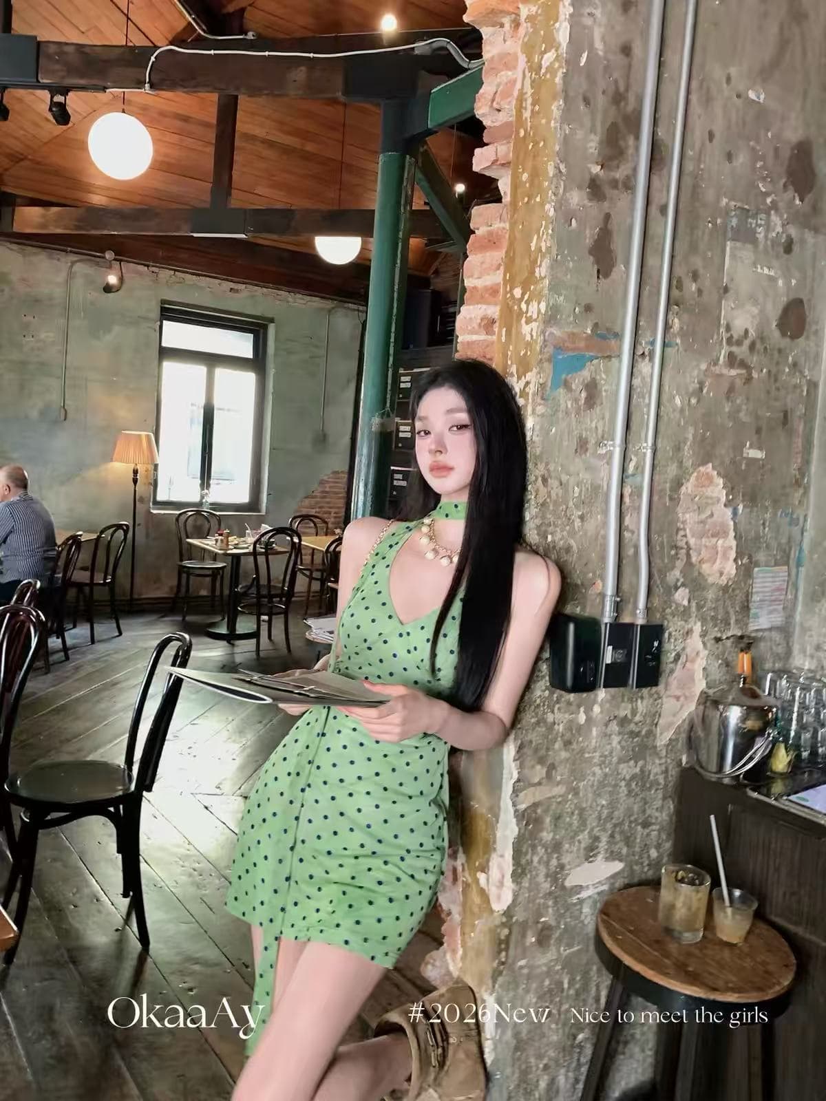 okaaay 에덴 여행 녹색 도트 무늬 행침 목 여성 드레스 여름 섹시함 순수한 욕망 핫걸 치마 상세 이미지 1