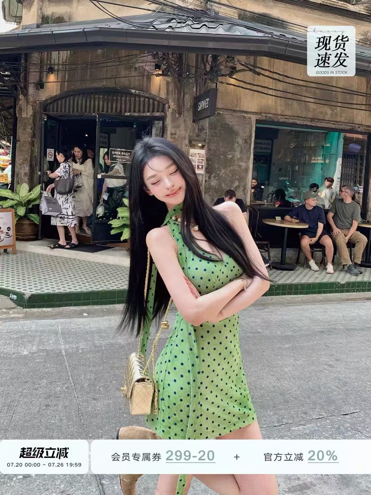 okaaay 에덴 여행 녹색 도트 무늬 행침 목 여성 드레스 여름 섹시함 순수한 욕망 핫걸 치마 상세 이미지 5