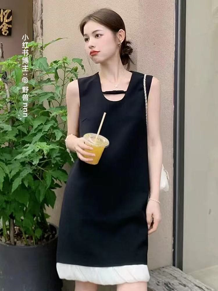 피아노 치마 법 남자 萱 검정색 프랑스식 조끼 패치워크 miu 부서 꽃밭 치마 드레스 2026 작은 검은 드레스 상세 이미지 1
