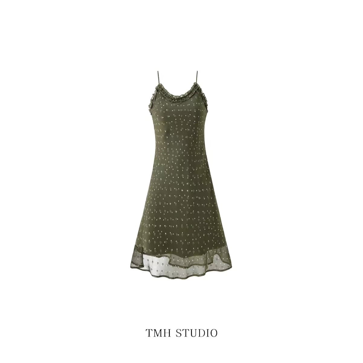 tmhstudio 레트로 도트 무늬 이중층 레이스 조끼 여성 드레스 민소매 한 마디 중간 길이 스커트 이미지 5