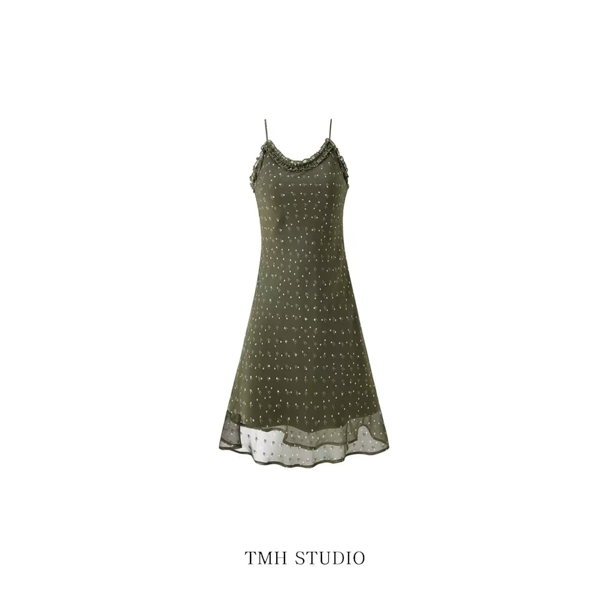 tmhstudio 레트로 도트 무늬 이중층 레이스 조끼 여성 드레스 민소매 한 마디 중간 길이 스커트 상세 이미지 4