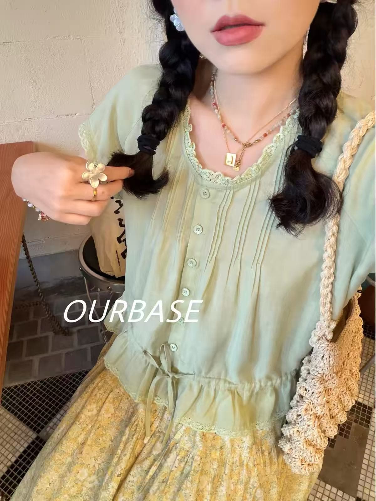 ourbase 재스민 녹색 리프트 주간 실크 라미 녹색 작은 셔츠 산소 레이스 디자인 센스 슬림해 보이는 맨위 여름 이미지 2