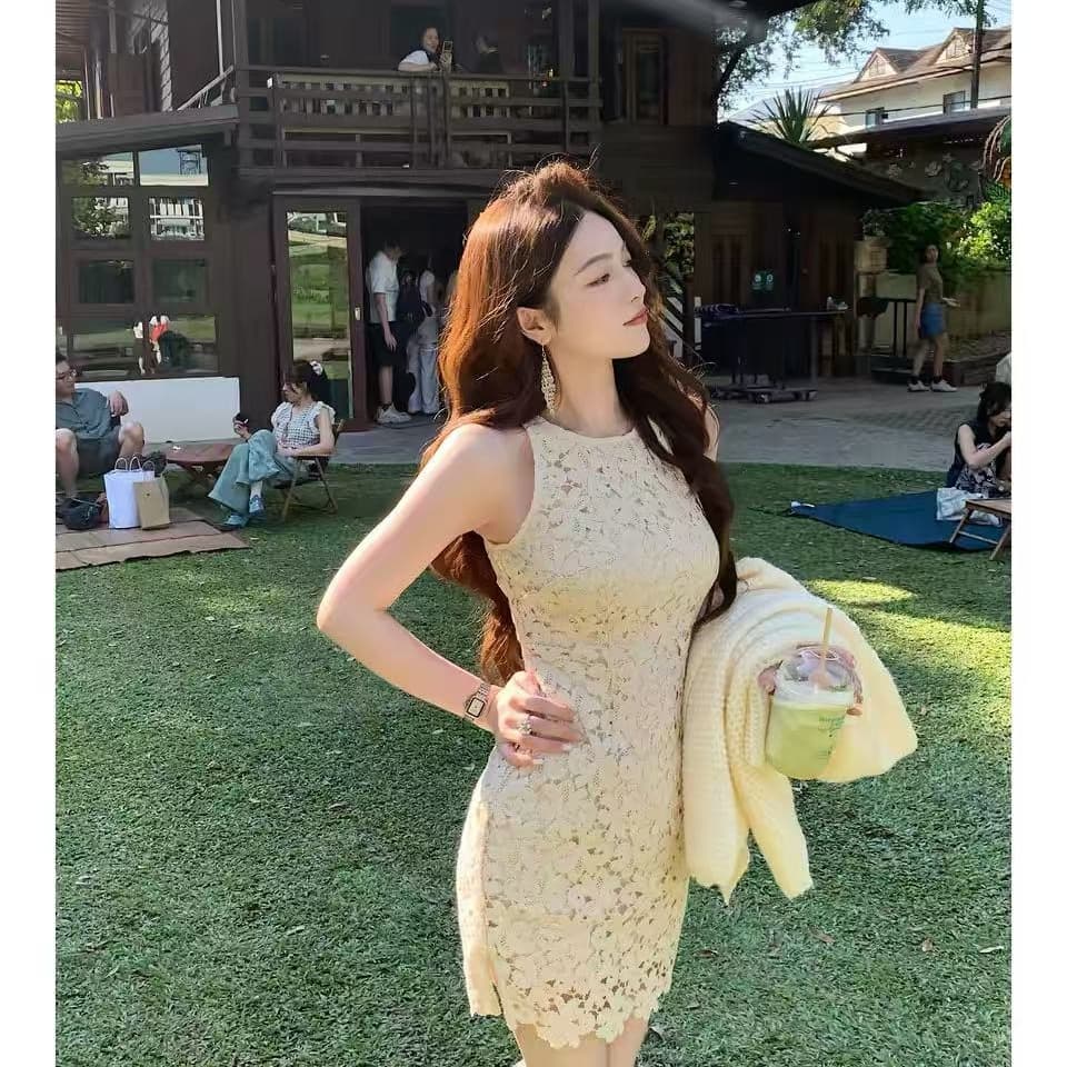 오직 니켈 태어난 쌍 프랑스식 부드러운 품격 드레스 봄 여름 홀로우 아웃 레이스 민소매 쇼트 스타일 치마 아이들