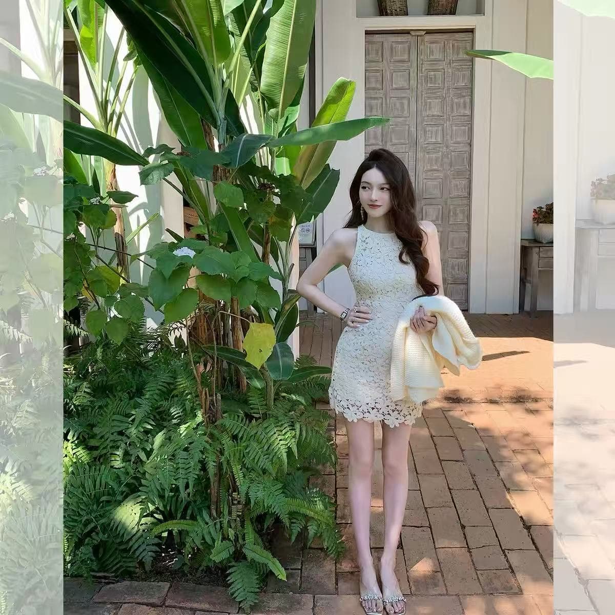 오직 니켈 태어난 쌍 프랑스식 부드러운 품격 드레스 봄 여름 홀로우 아웃 레이스 민소매 쇼트 스타일 치마 아이들 이미지 3
