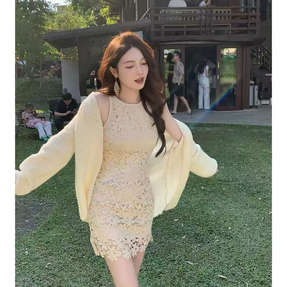 오직 니켈 태어난 쌍 프랑스식 부드러운 품격 드레스 봄 여름 홀로우 아웃 레이스 민소매 쇼트 스타일 치마 아이들 이미지 2